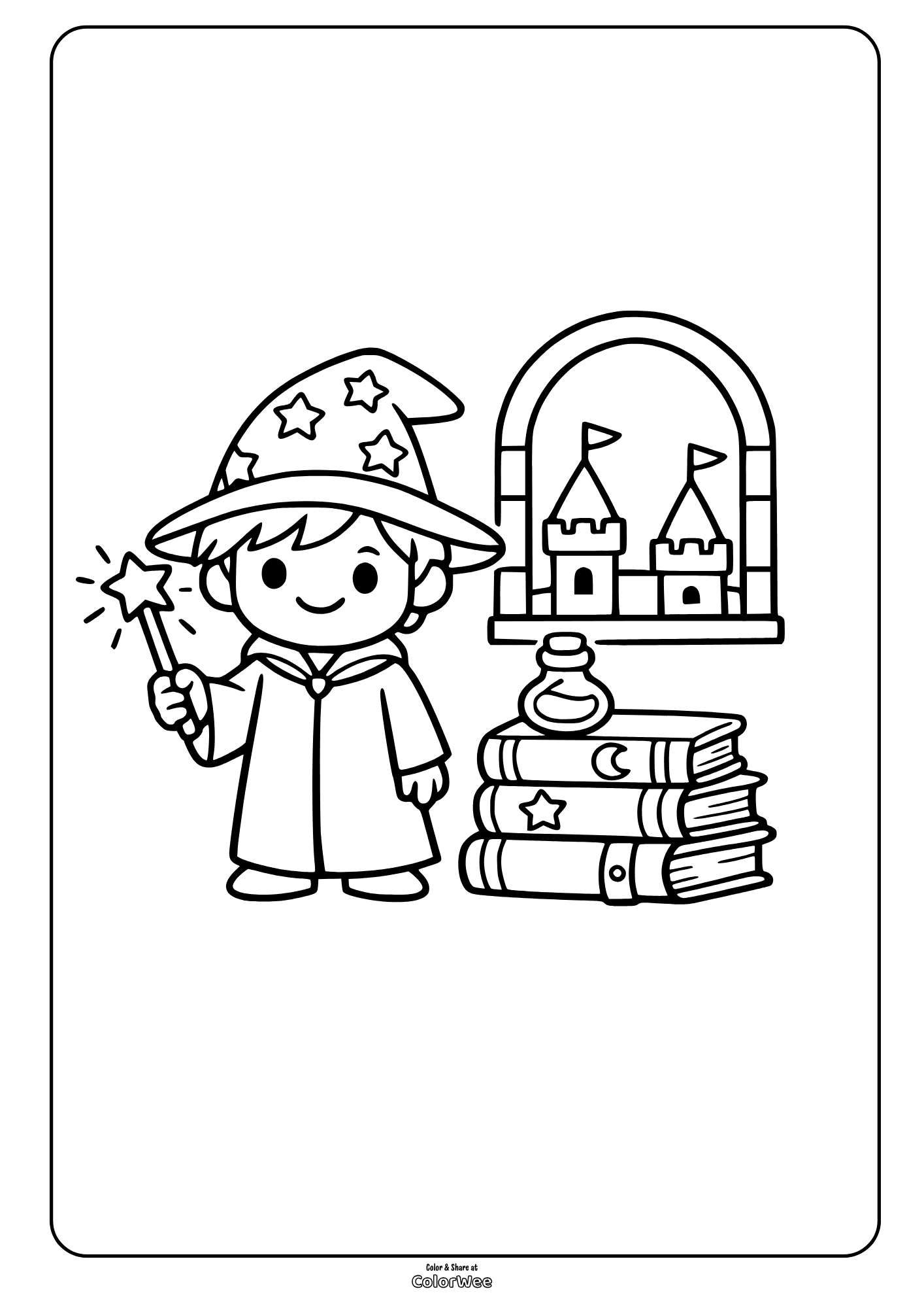Little wizard coloring page with wand, Hogwarts castle window and spell books