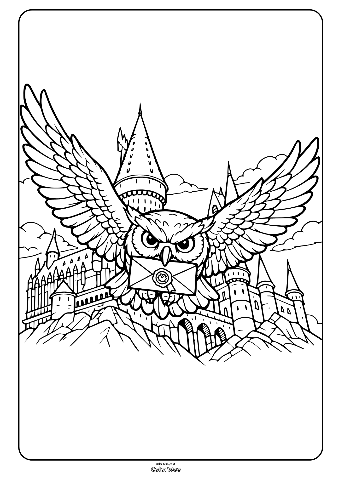 Fantasy owl delivering letter over Hogwarts castle coloring page