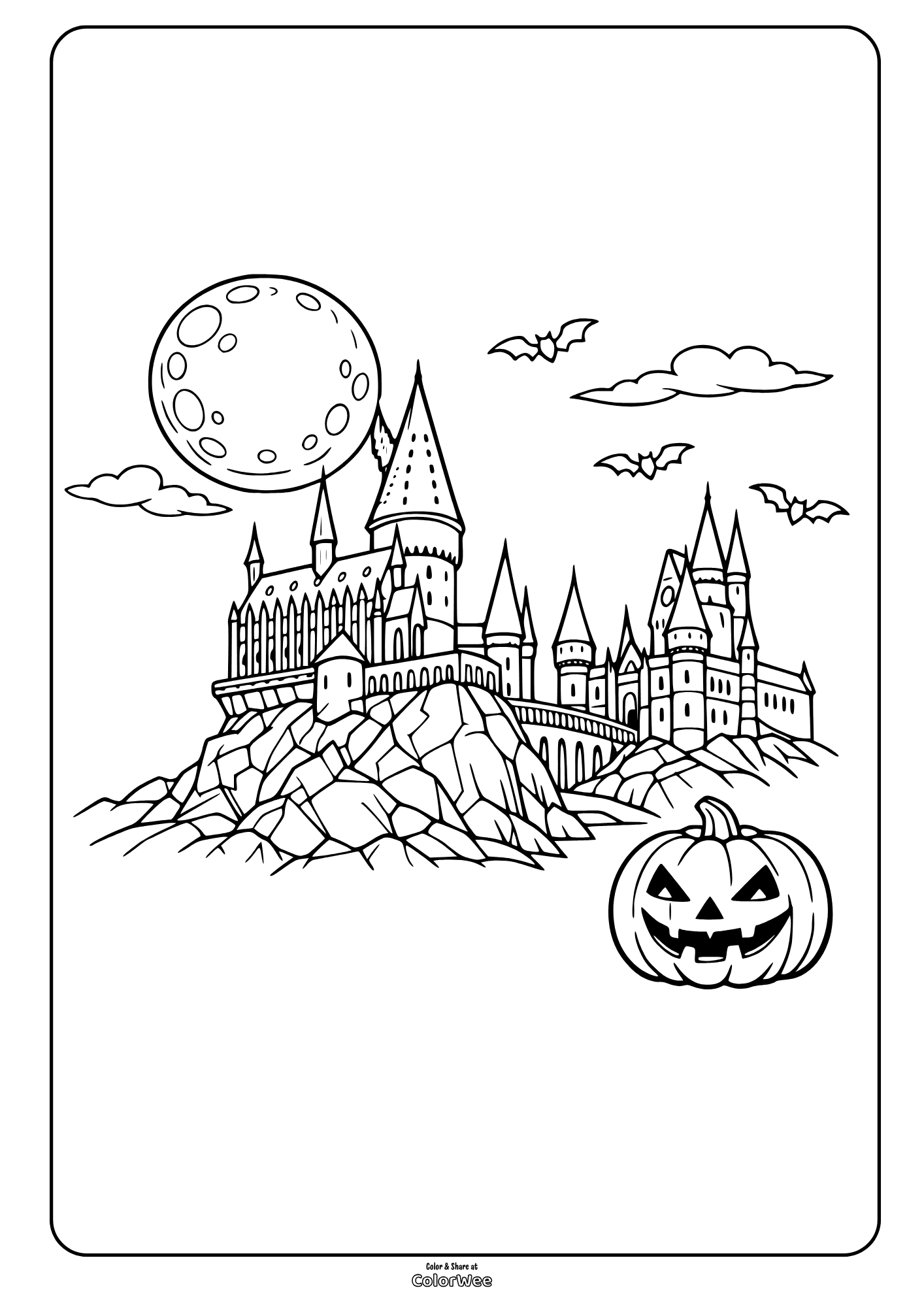 Halloween Hogwarts castle with bats, full moon, pumpkin coloring page