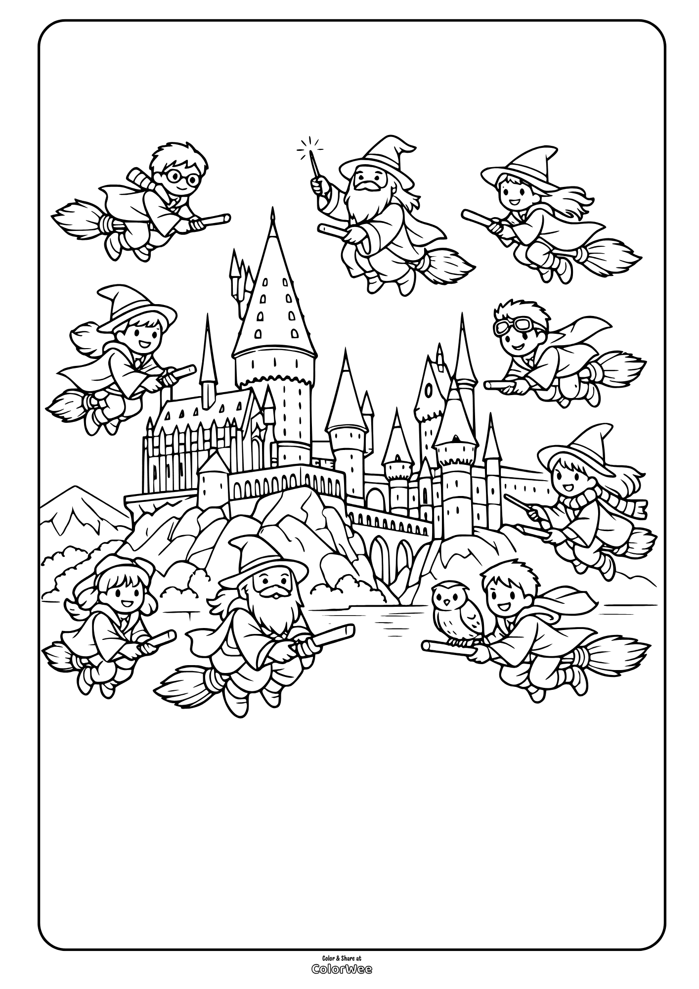 Wizard school Hogwarts with kids flying on brooms coloring page