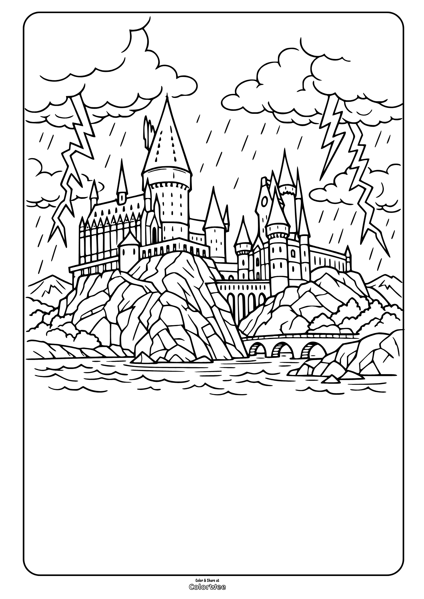 Stormy Hogwarts with lightning and sea waves coloring page