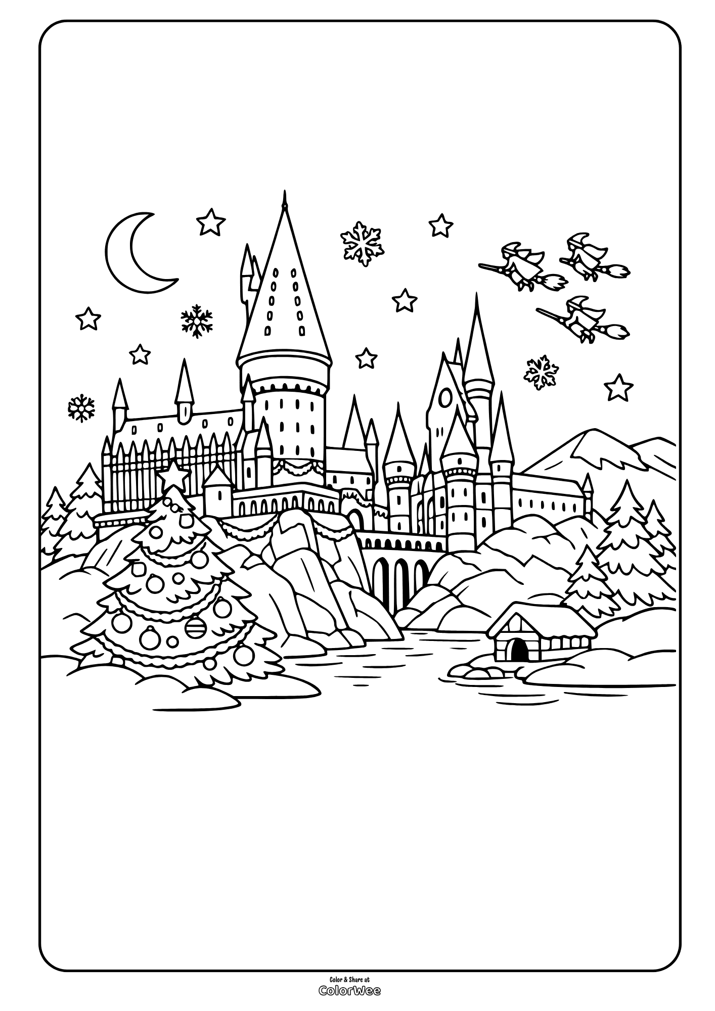 Winter Hogwarts castle, broomstick riders, moon and stars coloring page