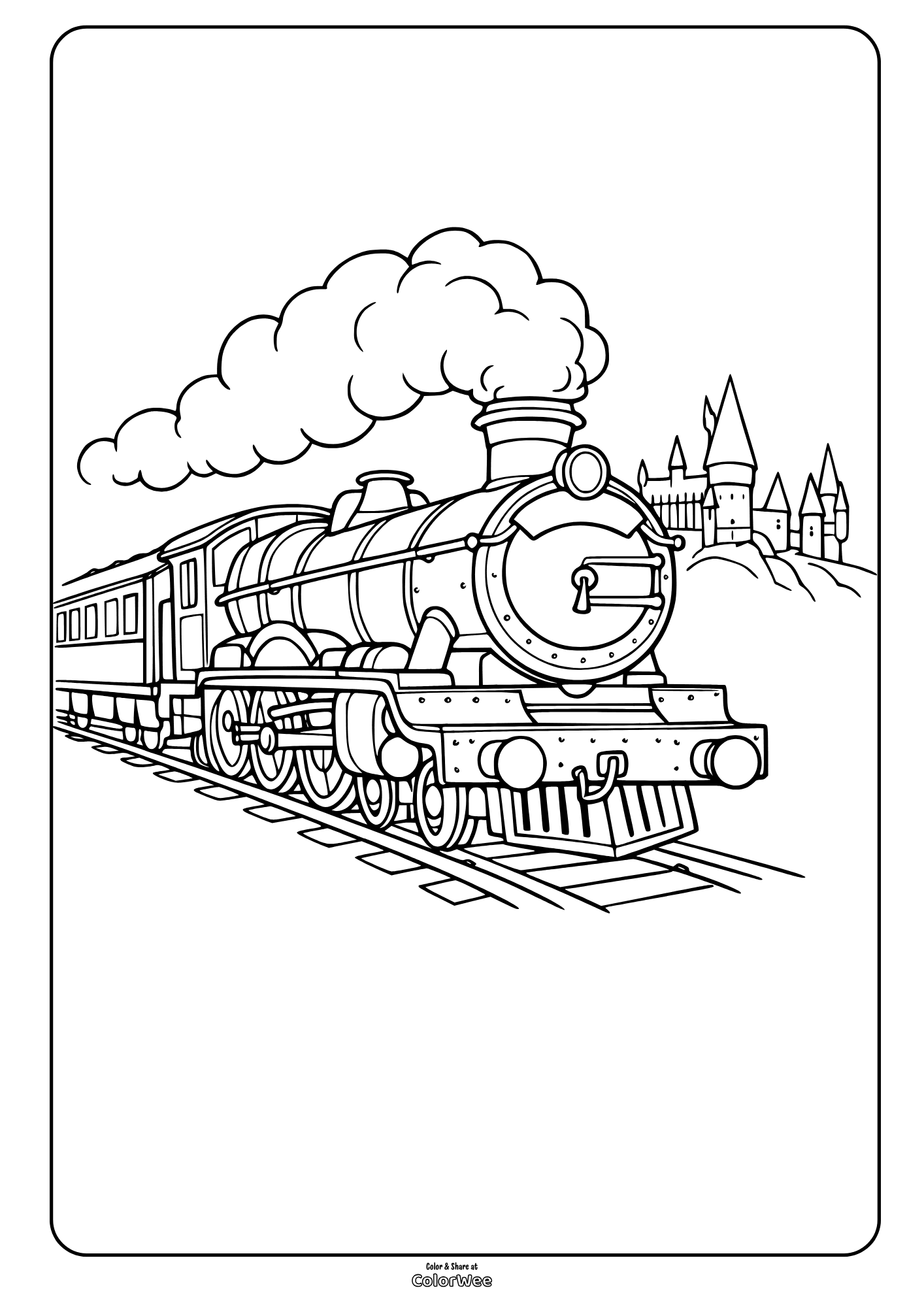 Hogwarts express near castle coloring page printable for kids and adults