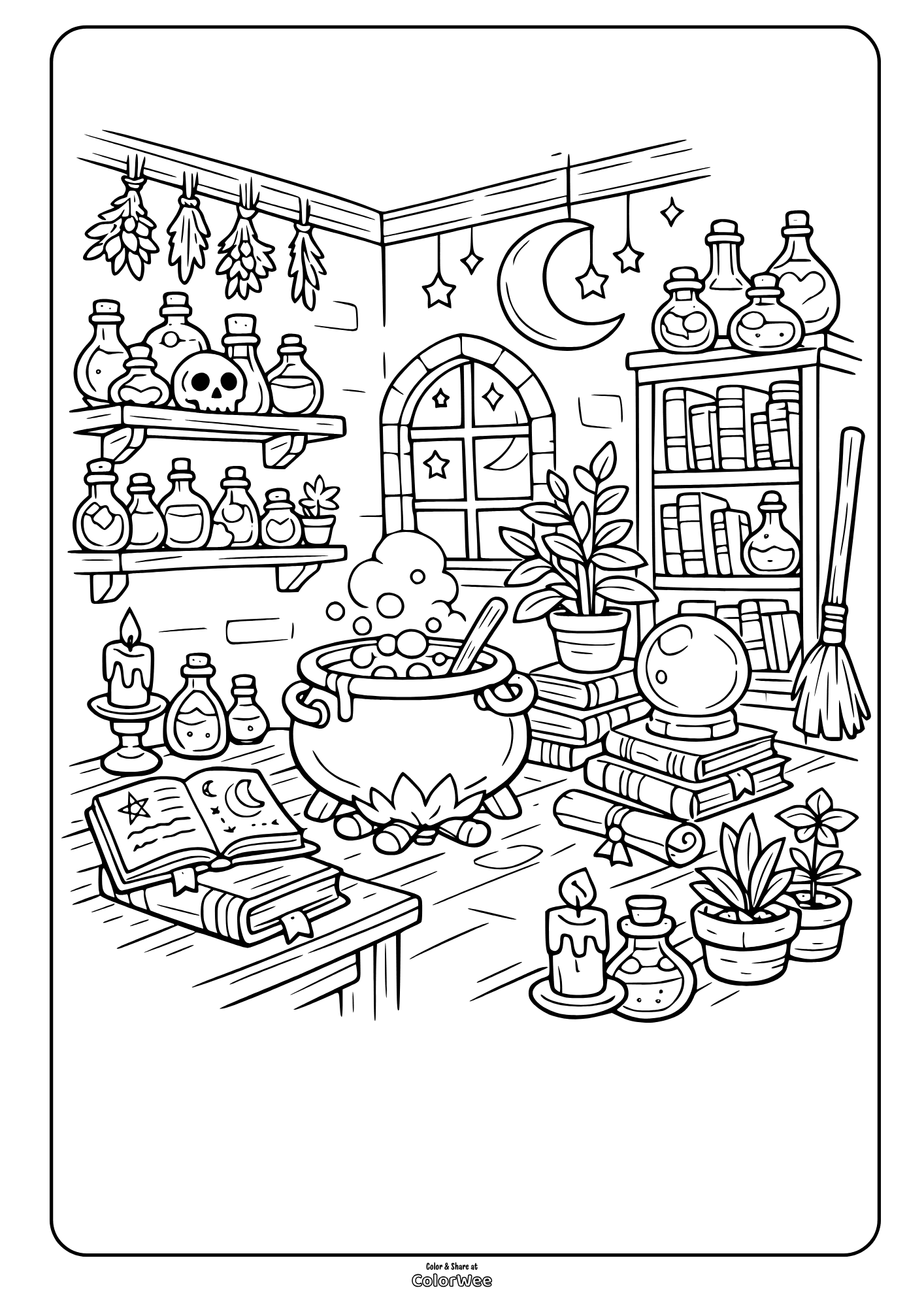 Hogwarts room coloring page with cauldron, books, herbs and crystals
