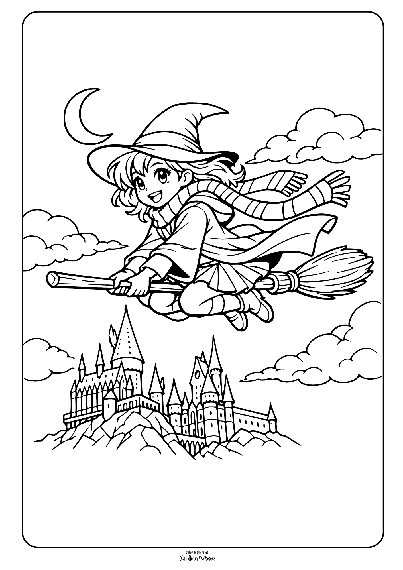 Cute witch flying on broom over Hogwarts and moon coloring page