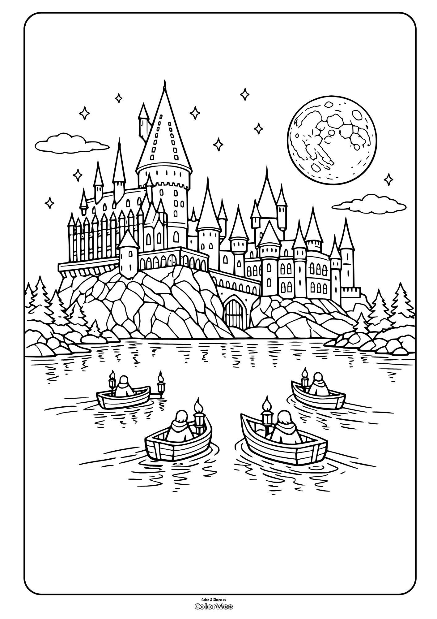 Hogwarts by moonlit lake with boats coloring page for kids