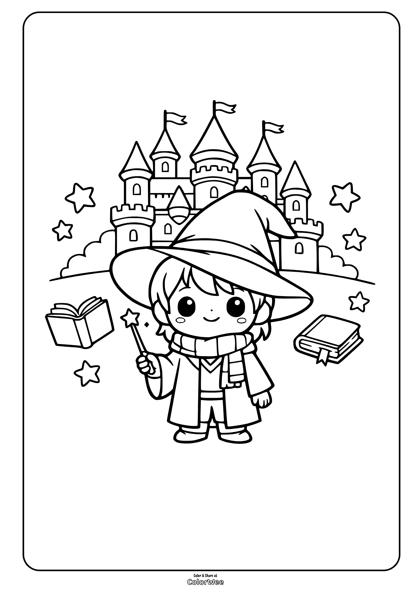 Cute wizard boy with wand and Hogwarts castle coloring page for kids