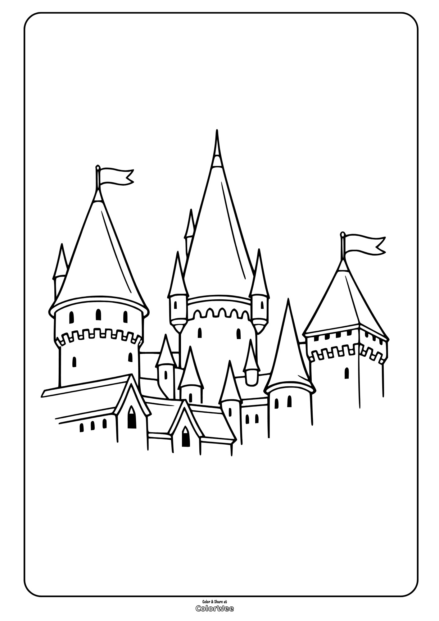 Printable Hogwarts coloring page with towers and flags