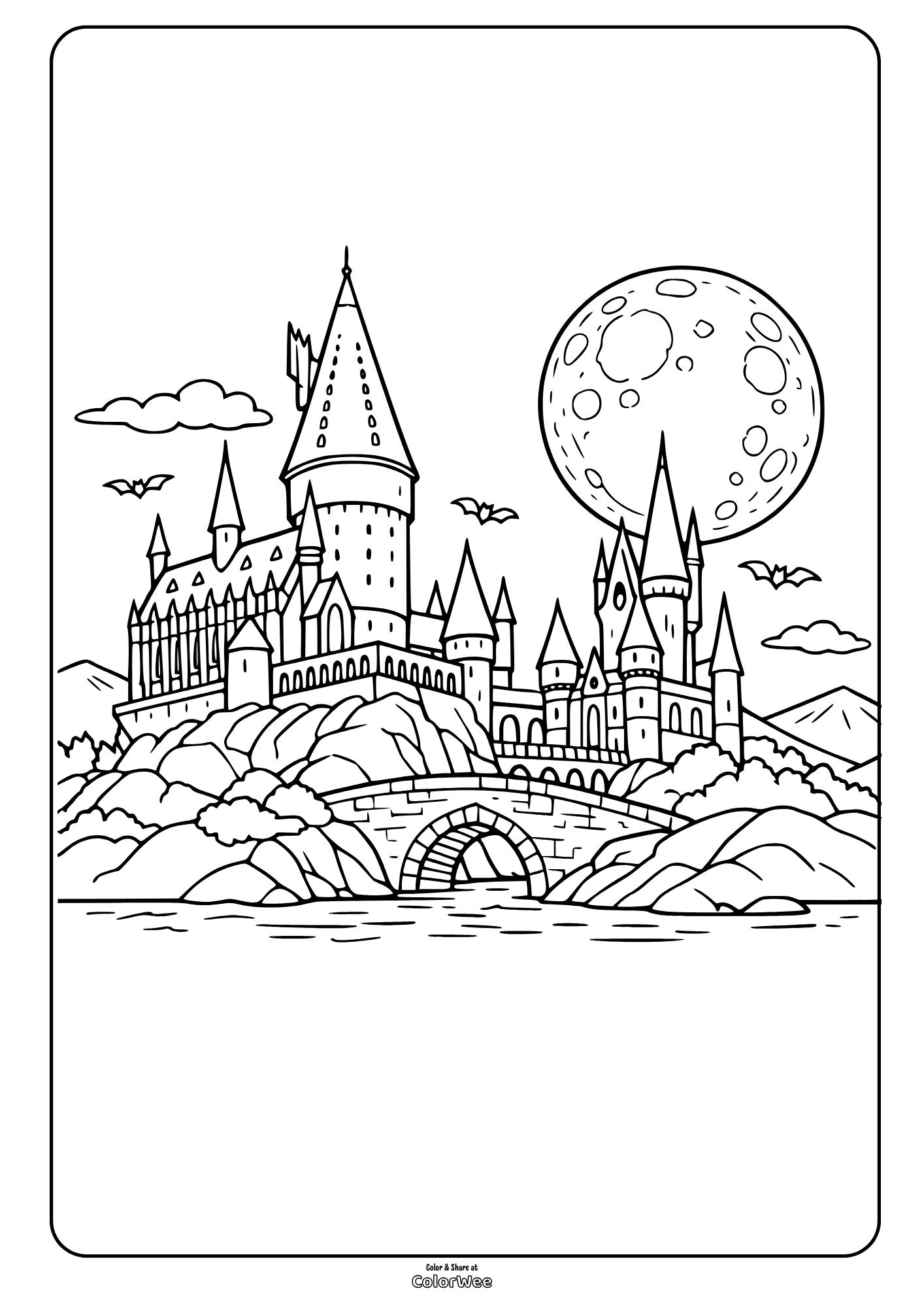 Printable moonlit Hogwarts and bridge coloring page with bats