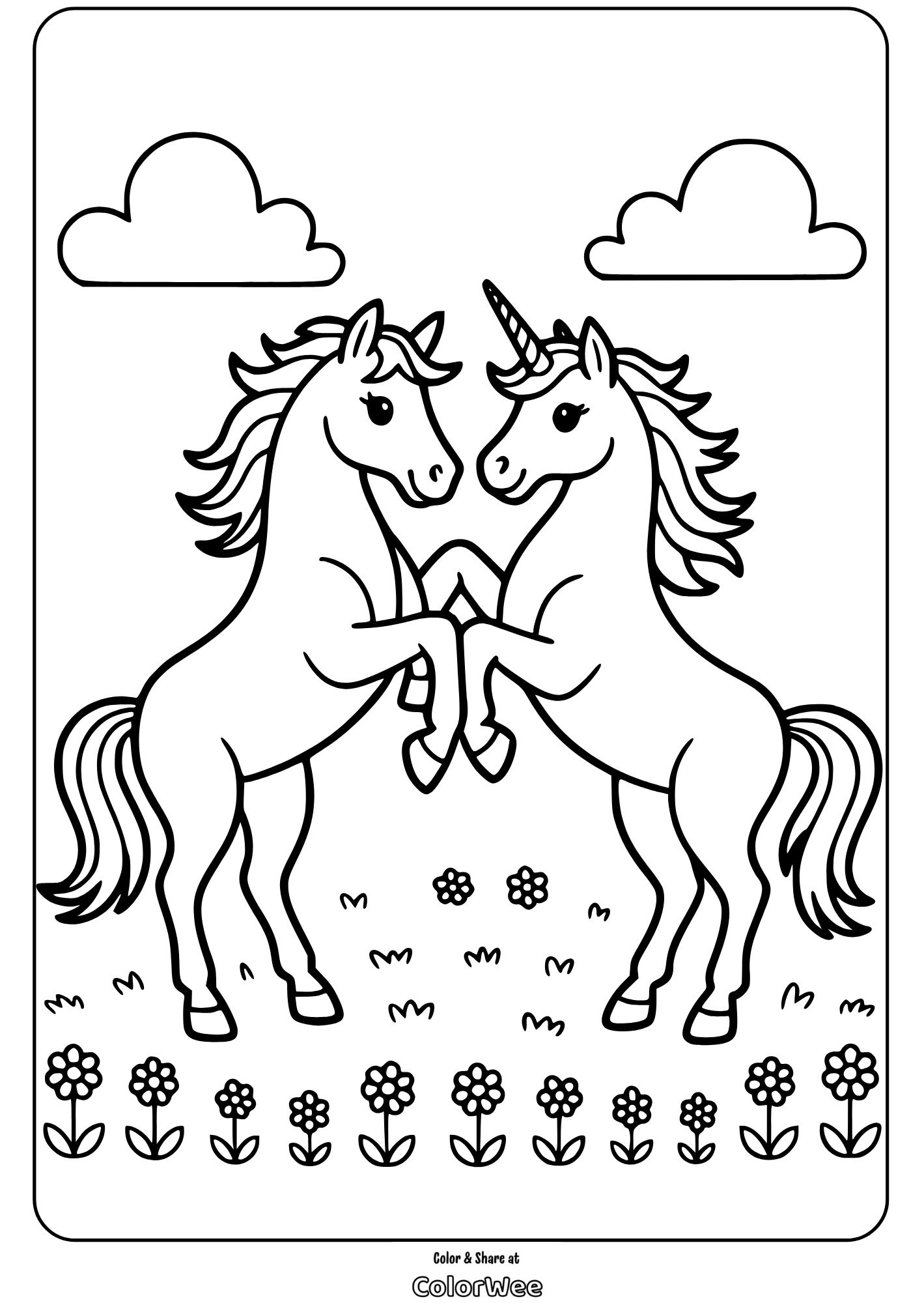 Unicorns coloring page for kids with flowers and clouds background.