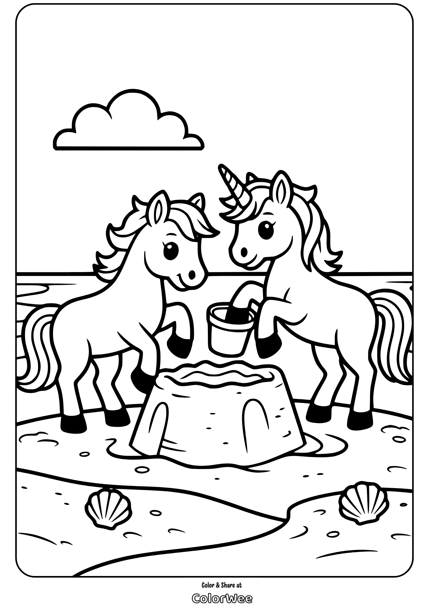 Unicorns building sandcastle at the beach coloring page.