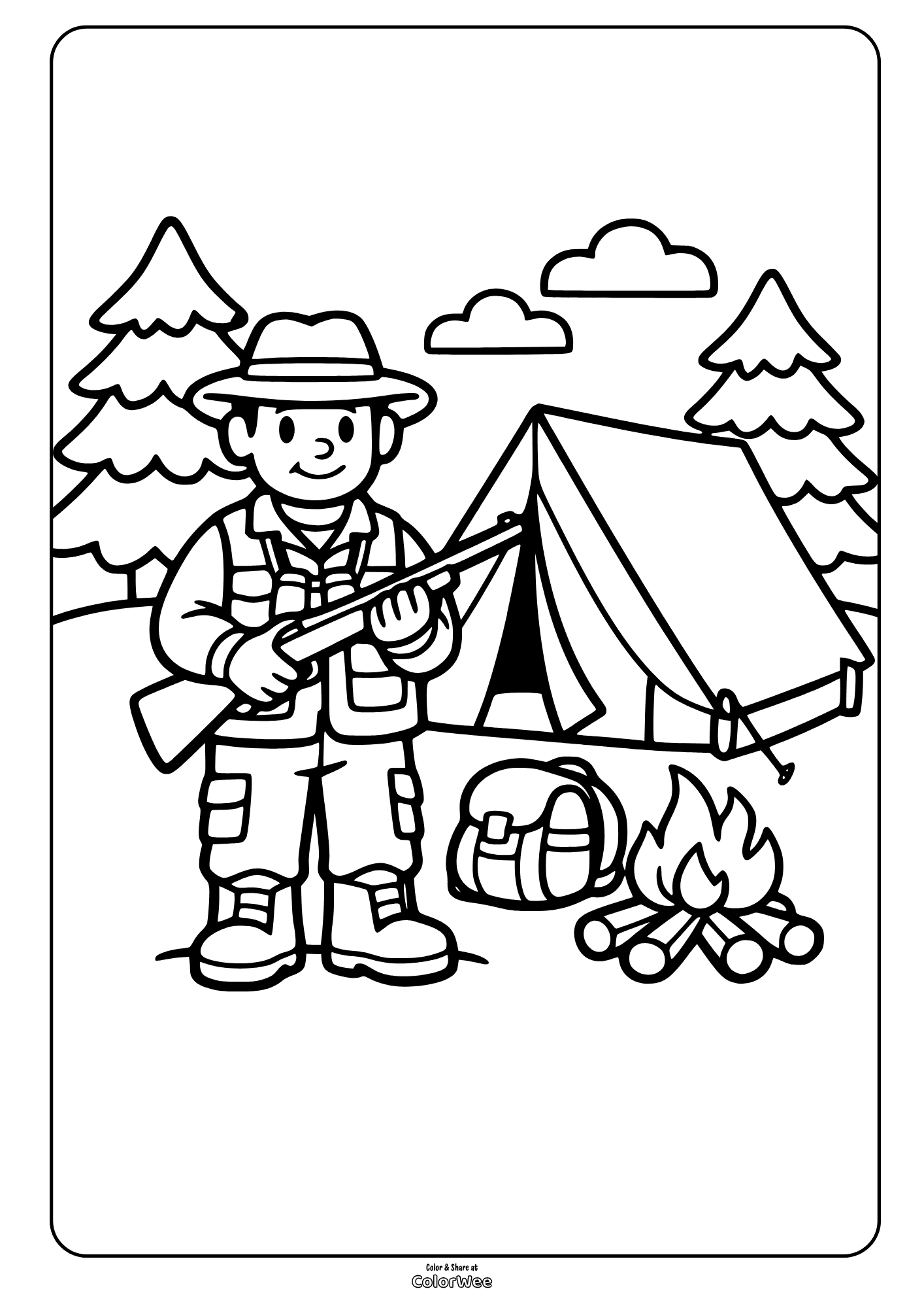 Camping hunter with tent and campfire coloring page for kids