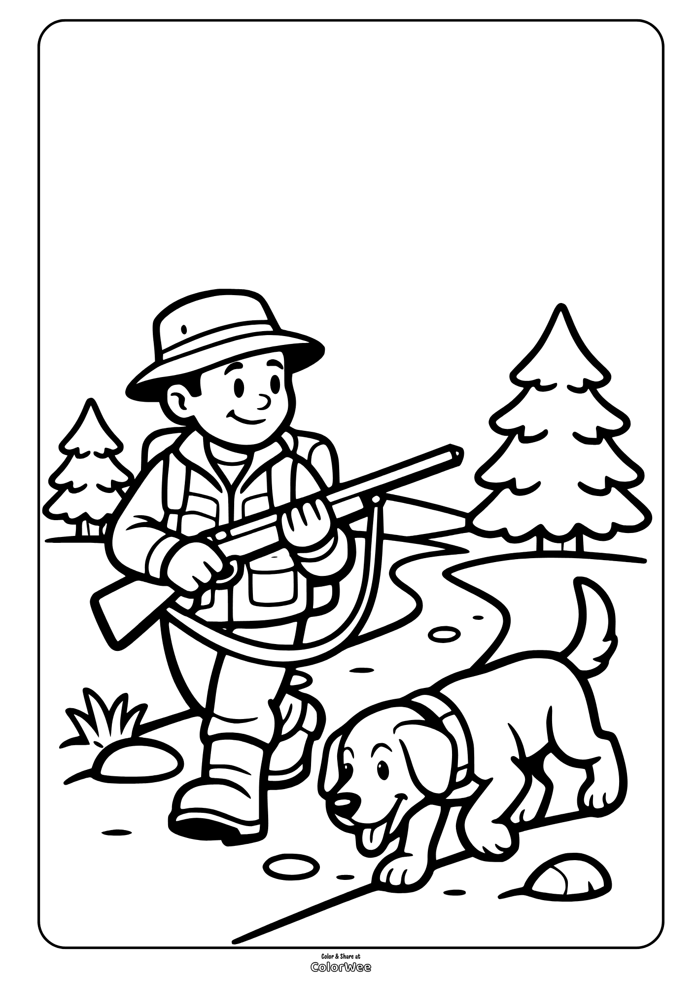 Cartoon hunter and dog in pine forest coloring page