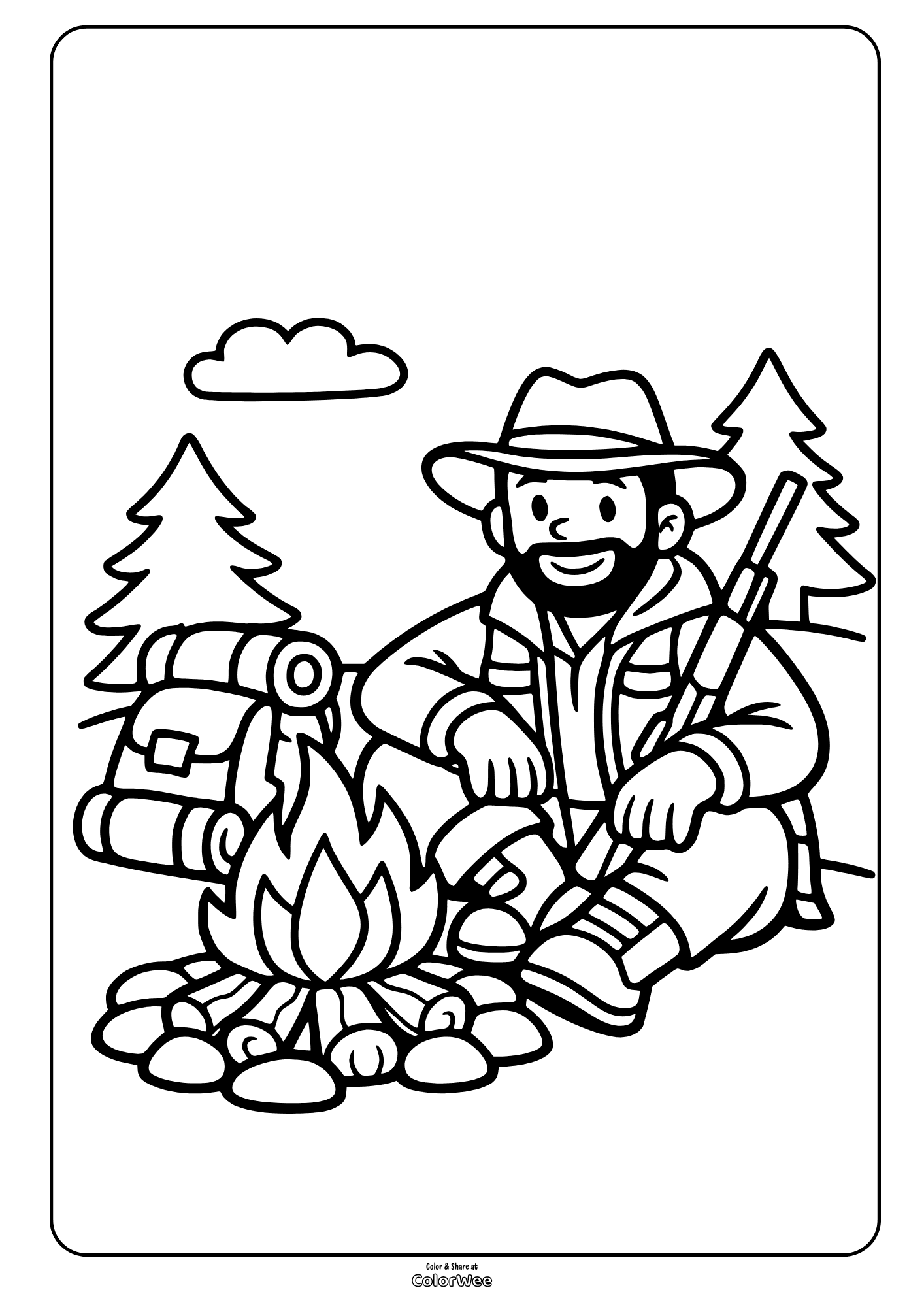 Camping hiker by campfire with backpack in forest coloring page
