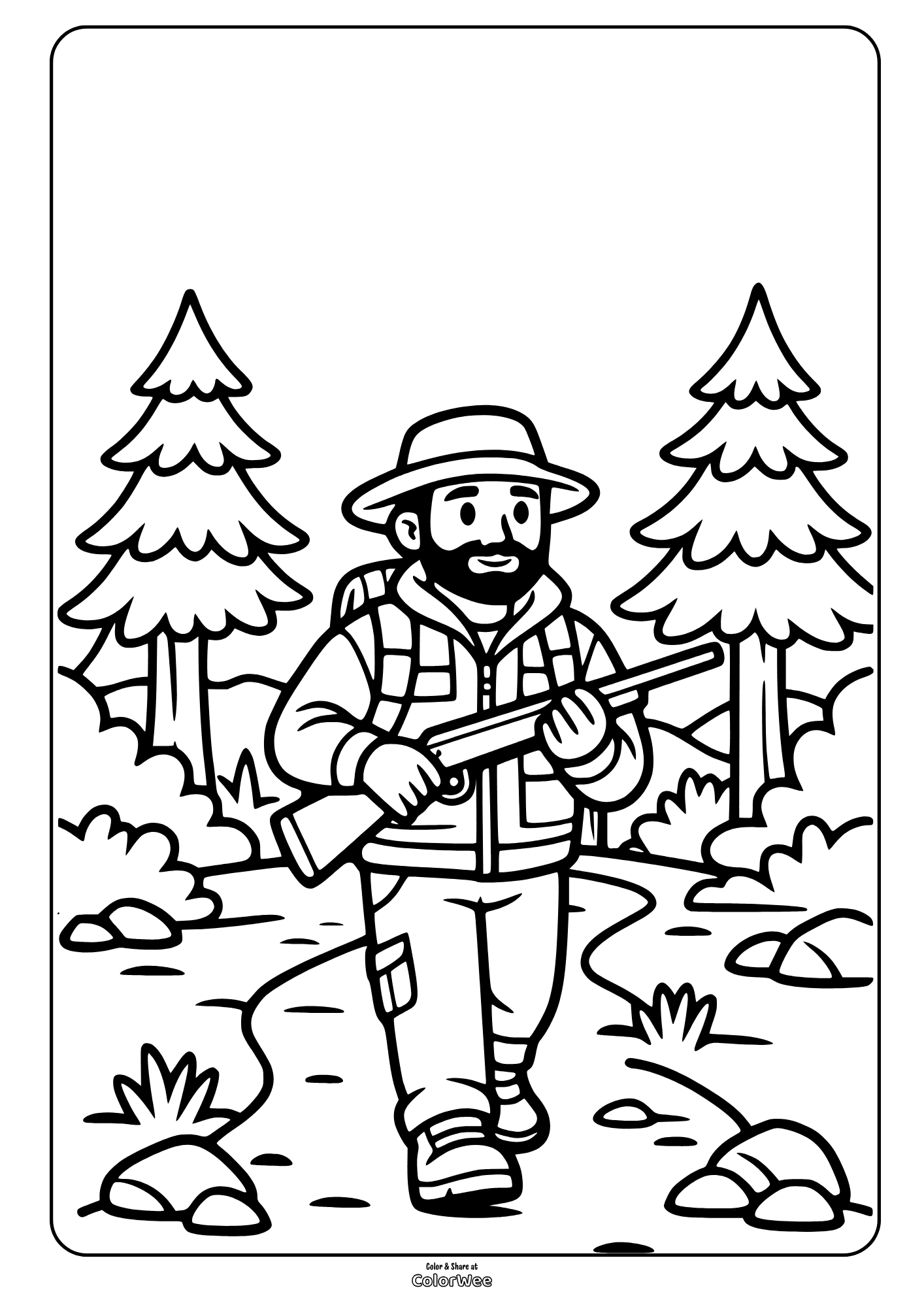 Hunter with shotgun hiking pine forest trail coloring page
