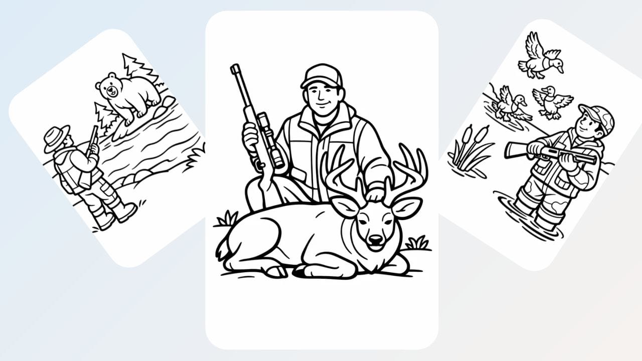 Deer hunting coloring page with hunter and buck in the outdoors