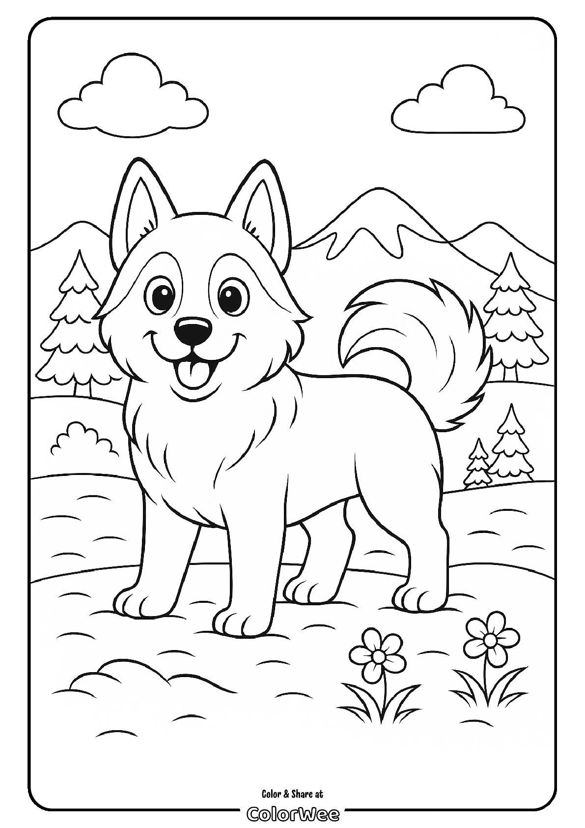 Playful dog in nature scene coloring page.