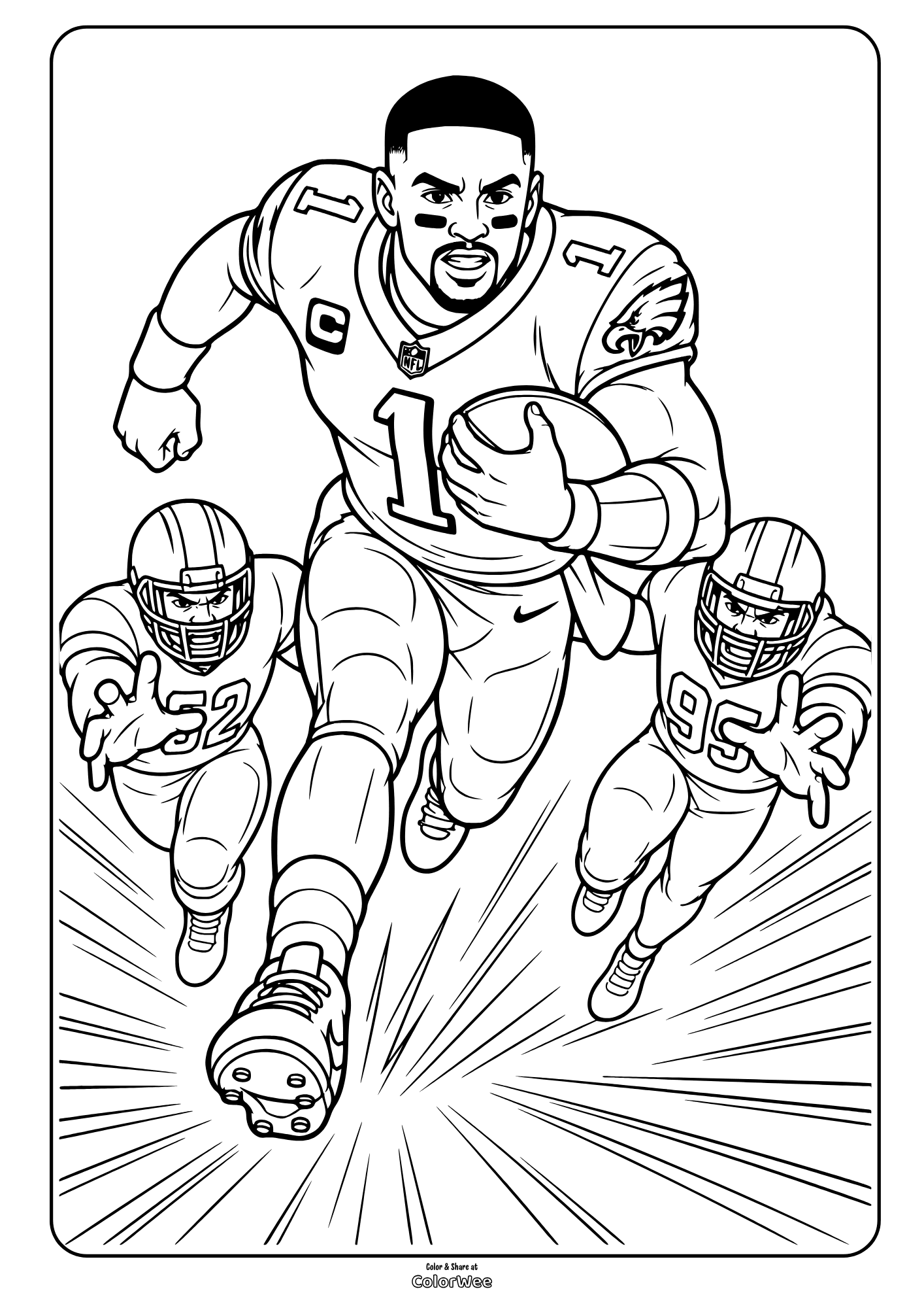Three football players sprinting forward, central player carrying the ball, picture to color