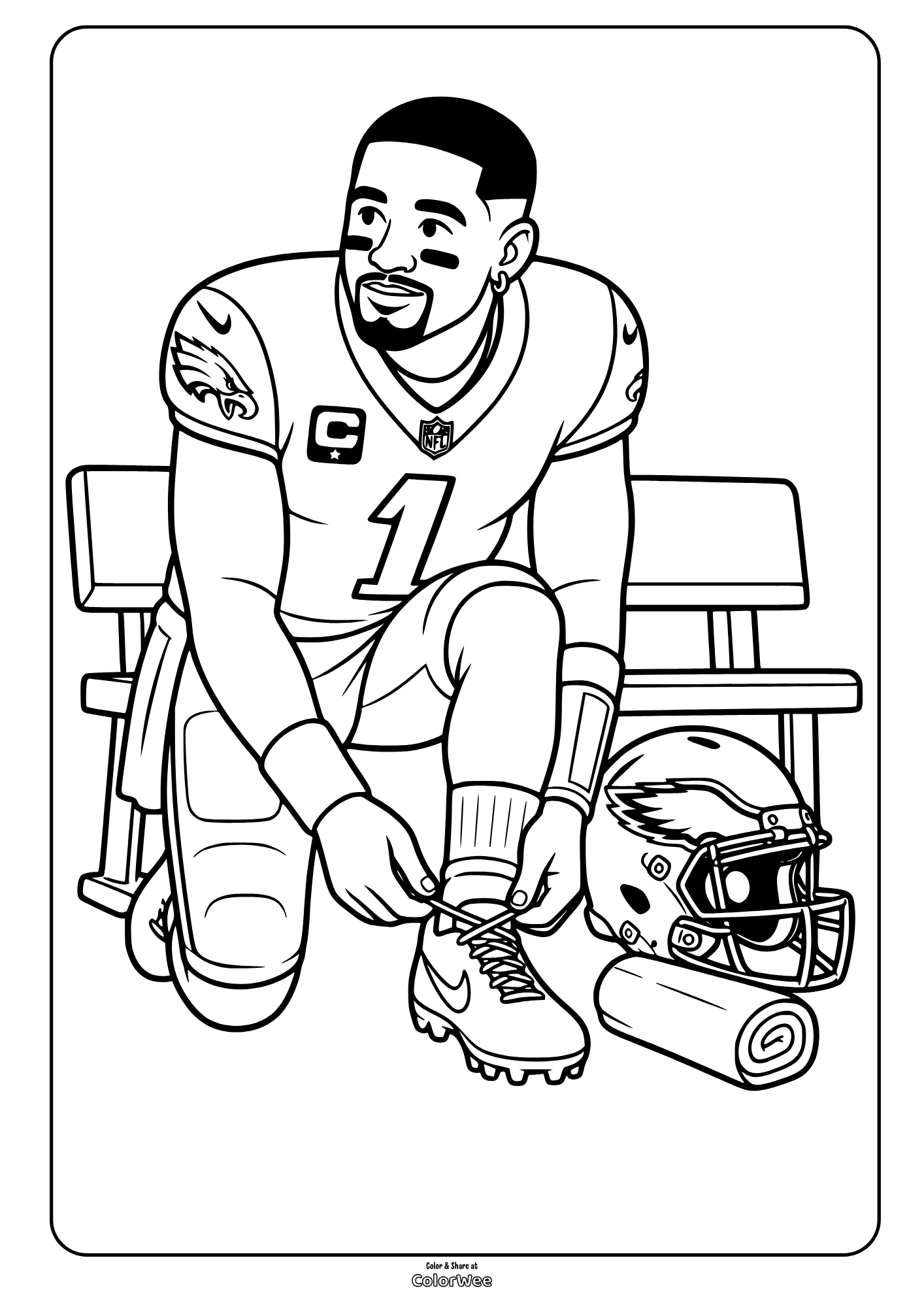 Football player seated on a bench, adjusting his cleat beside a helmet, picture to color