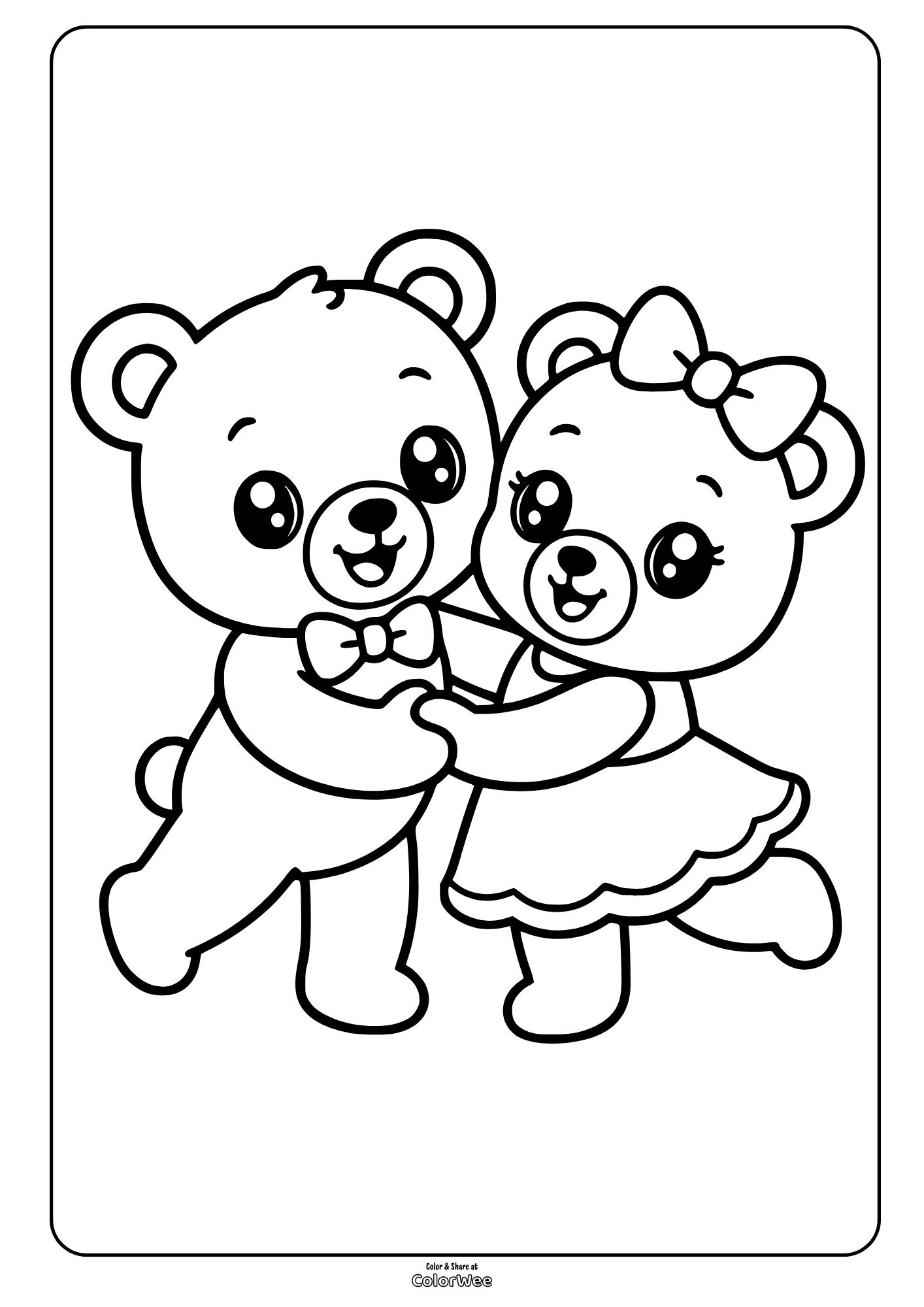 Cute teddy bears dancing coloring sheet for kids to print and color