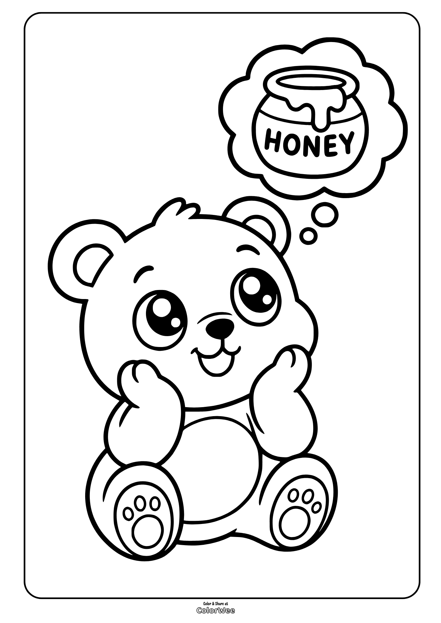 Cute teddy bear dreaming of honey jar coloring sheet for kids