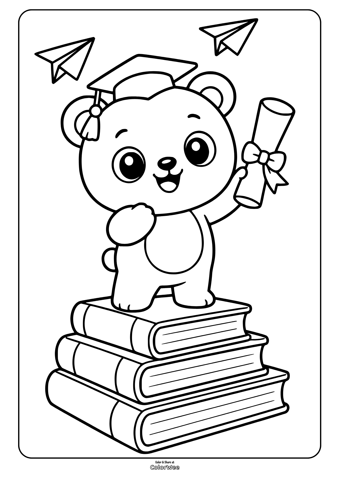 Cute graduation bear on books with diploma coloring sheet.