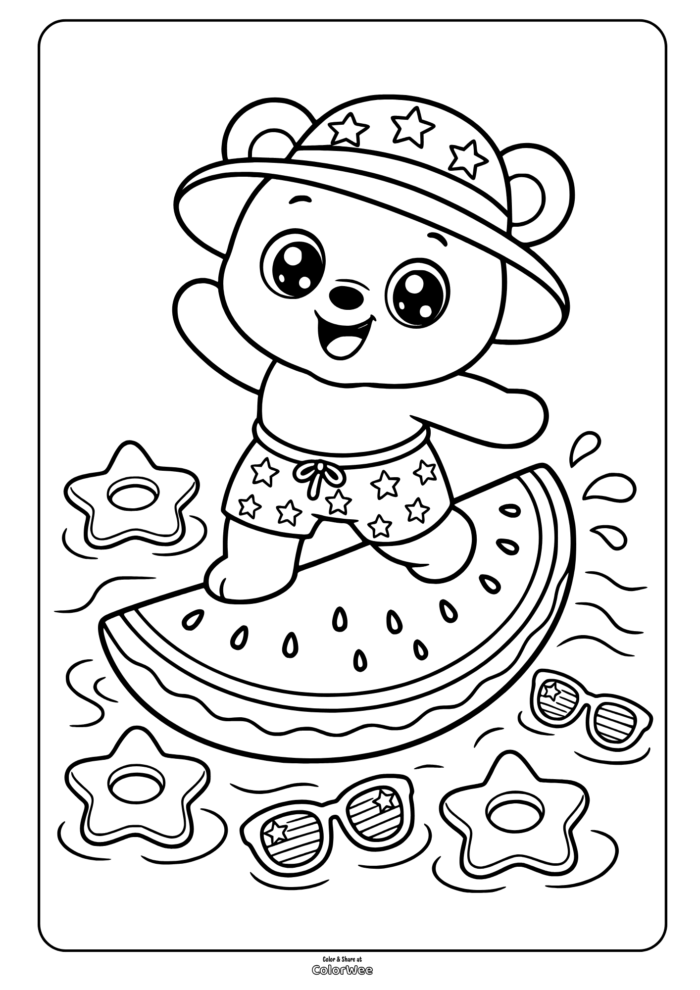 Cute summer bear on watermelon surf with stars and sunglasses.