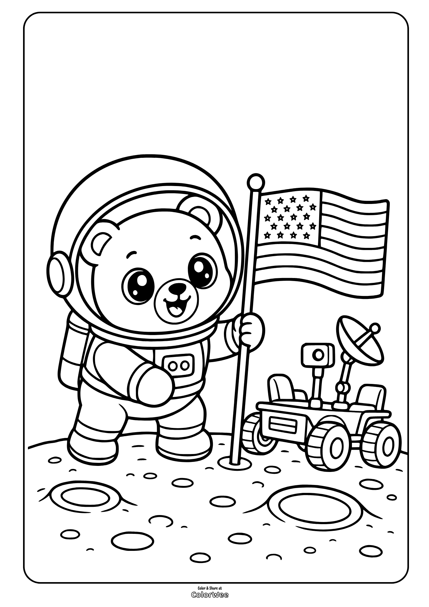Bear astronaut on the moon with flag and rover coloring sheet.