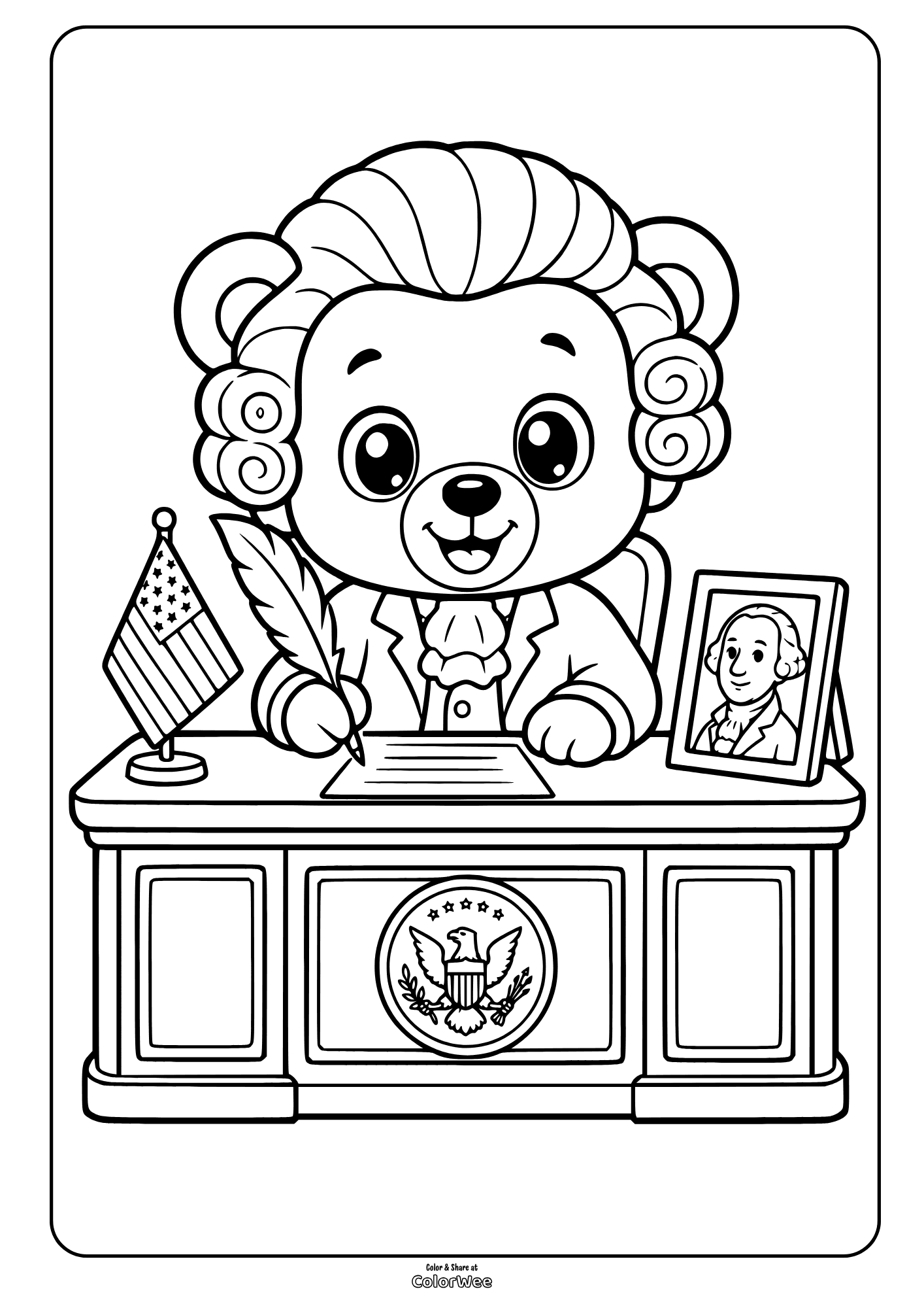 Cute president bear at desk with quill and flag coloring sheet