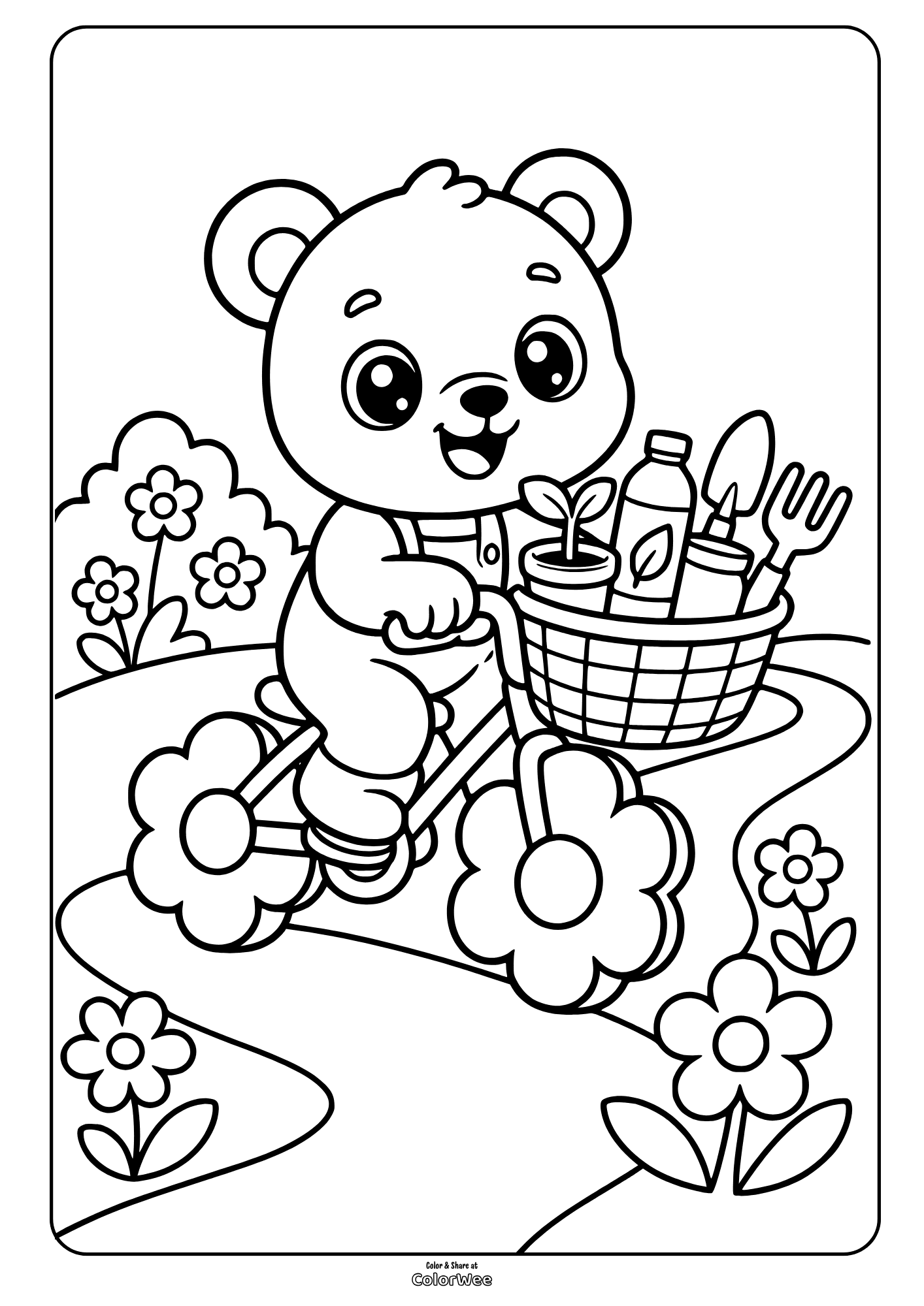 Cute bear on bike with garden tools and plant-