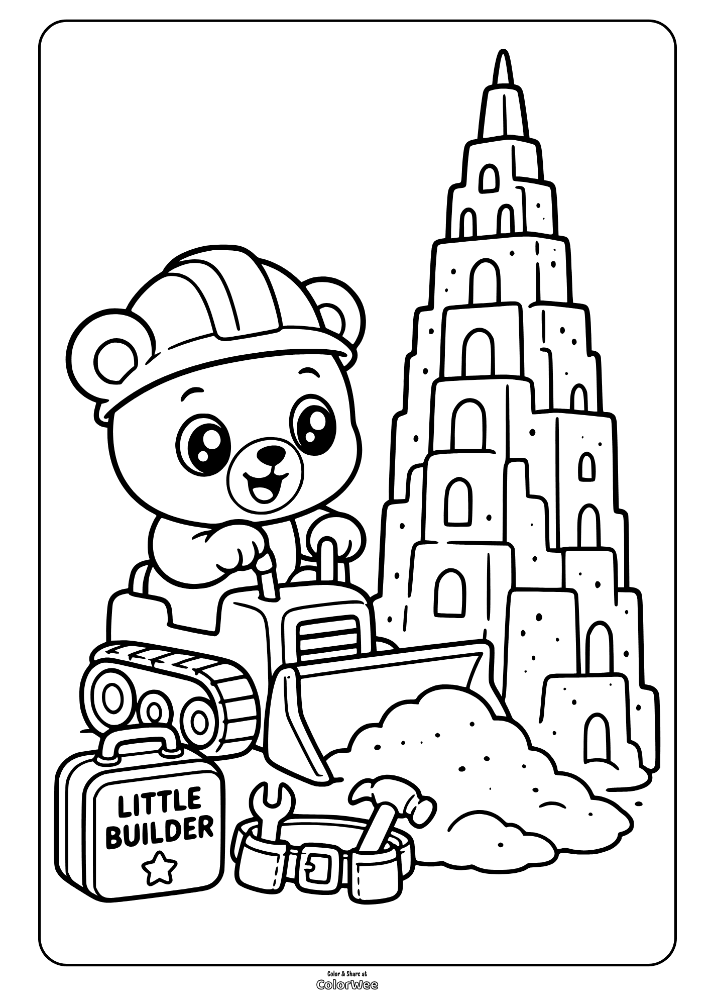 Construction bear driving bulldozer by sandcastle coloring sheet