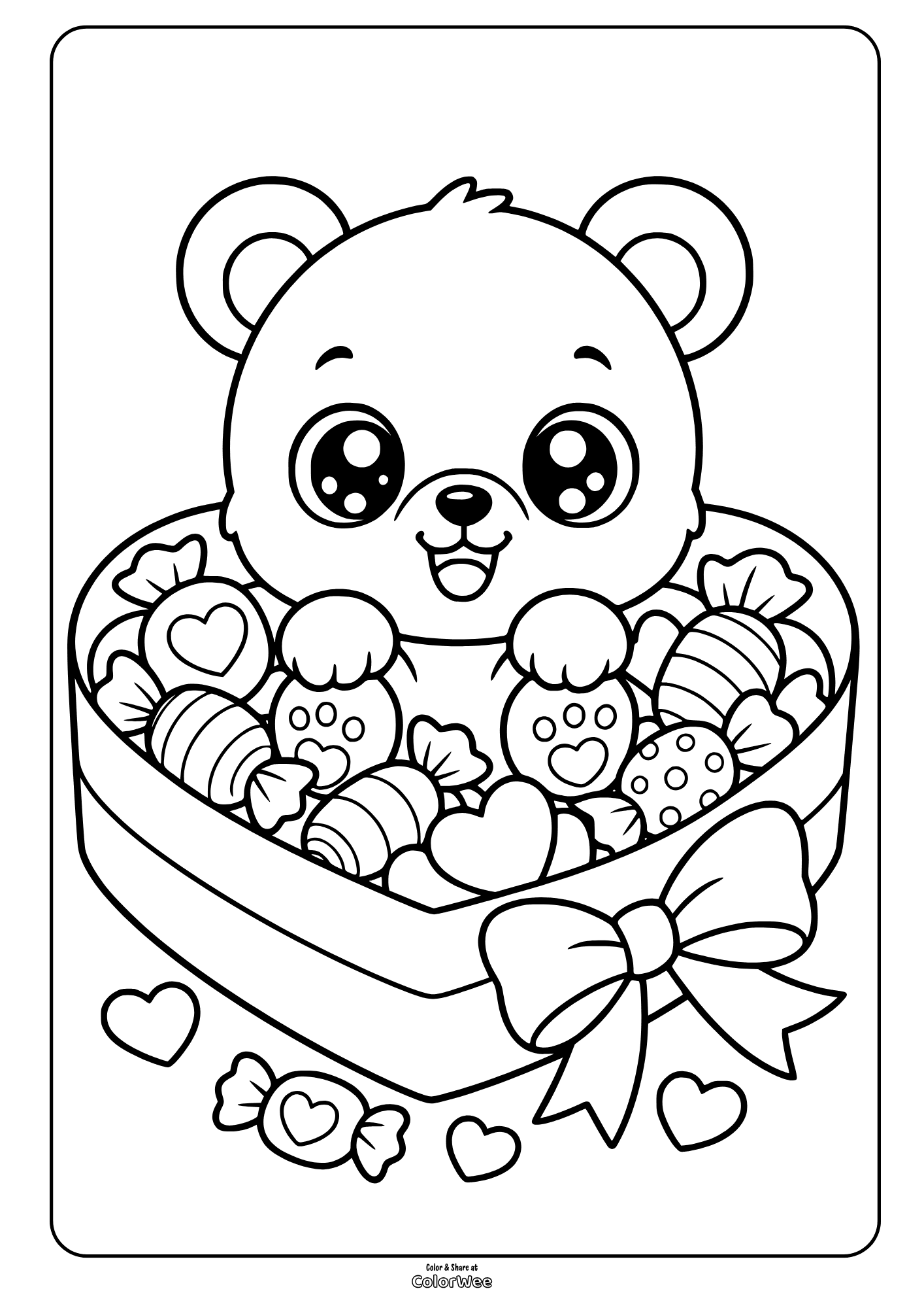 Teddy bear in heart candy box coloring sheet for kids, cute Valentine