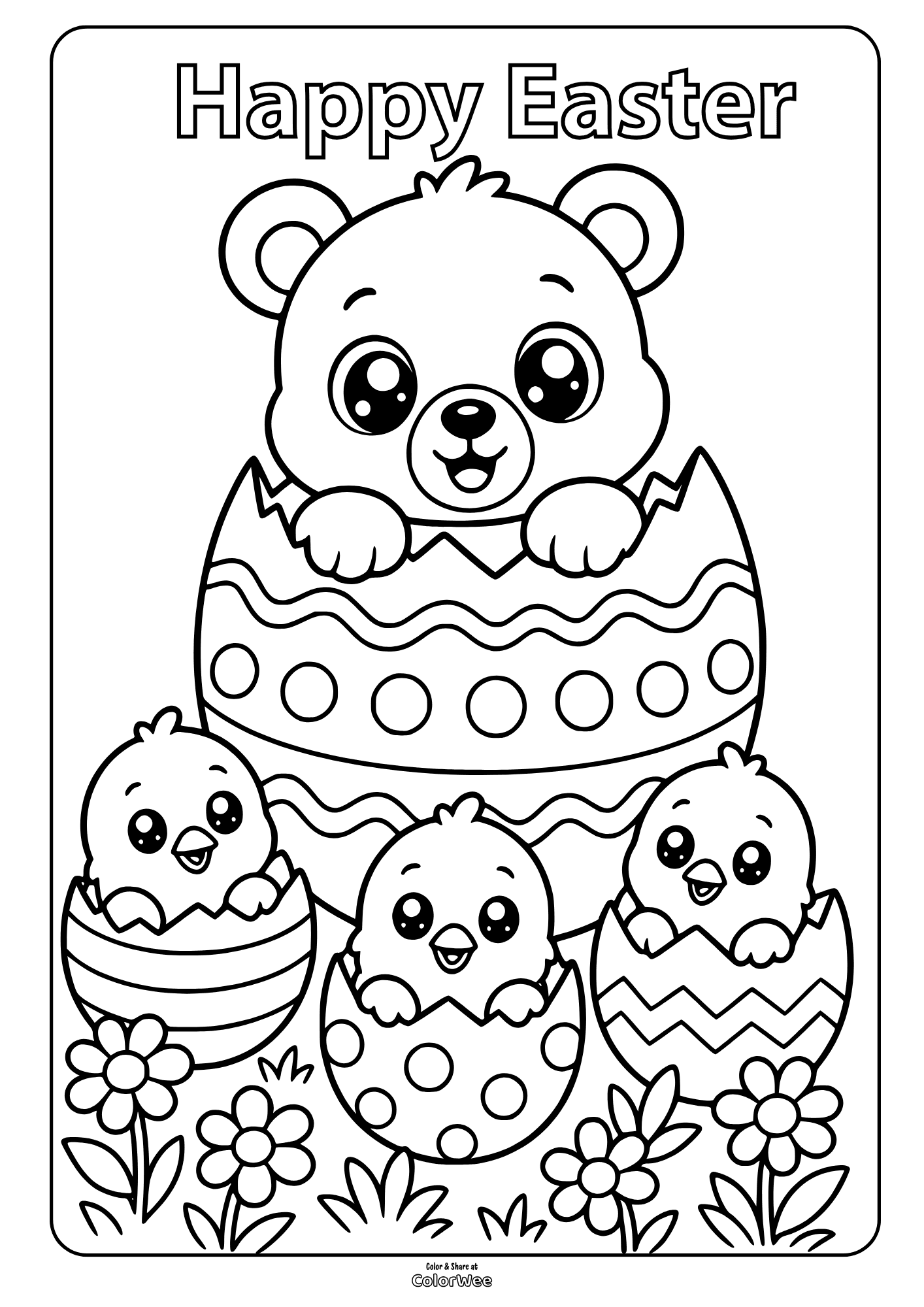 Happy Easter bear and chicks in eggs coloring sheet for kids