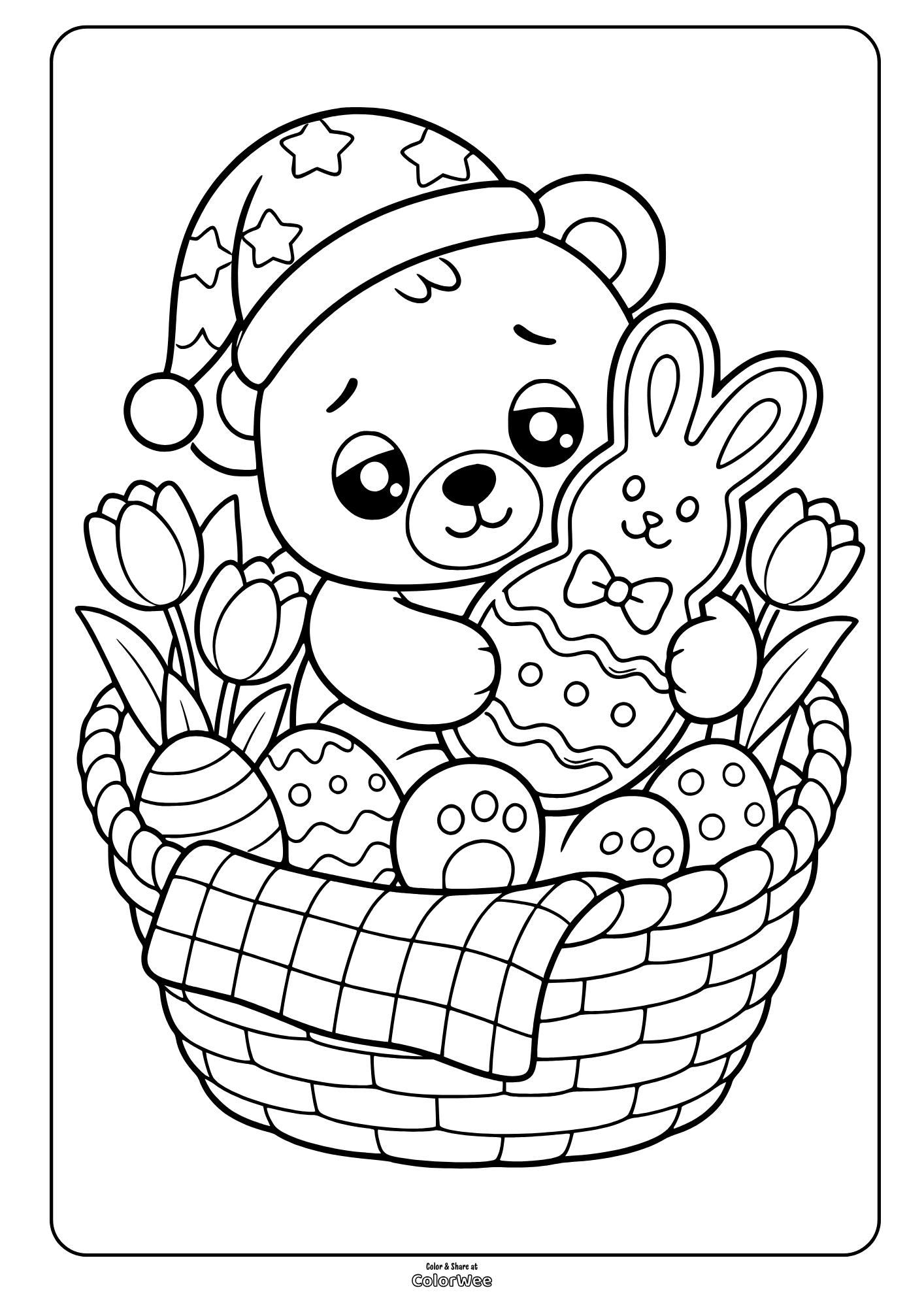 Easter basket teddy bear, eggs and bunny coloring sheet for kids