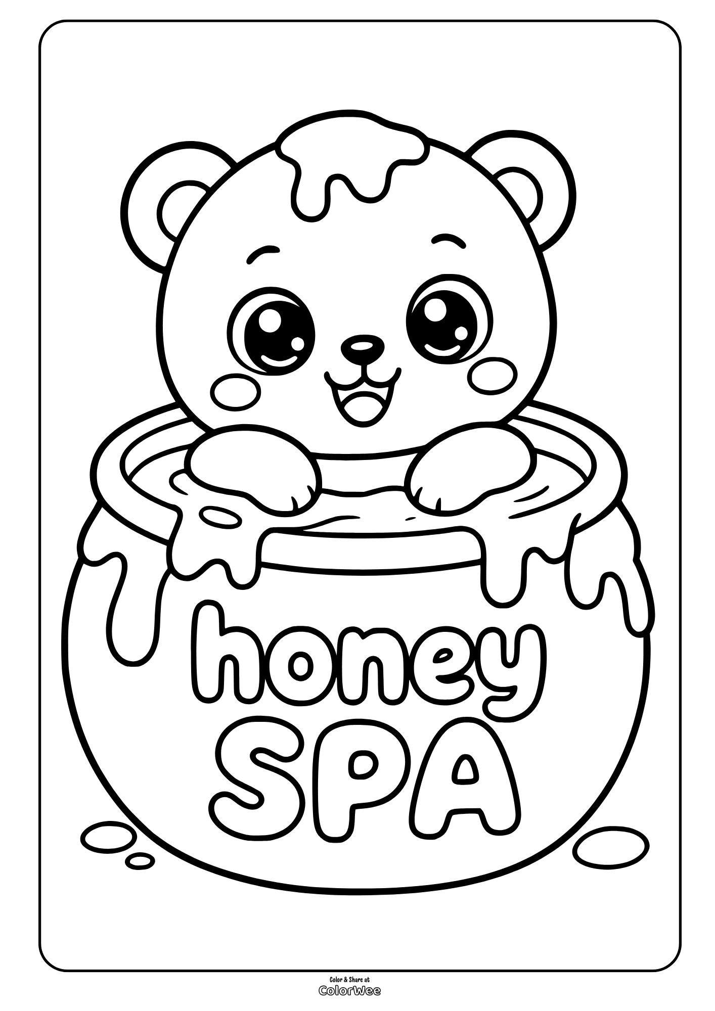 Free printable cute bear in honey spa pot coloring sheet for kids