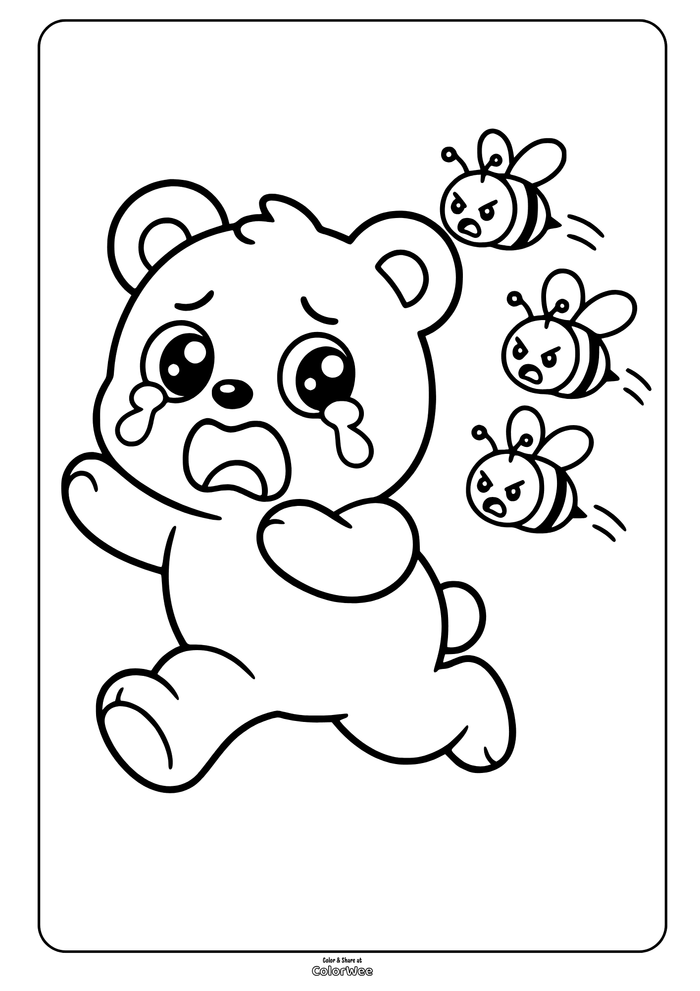 Bear chased by bees coloring sheet for kids to print and color