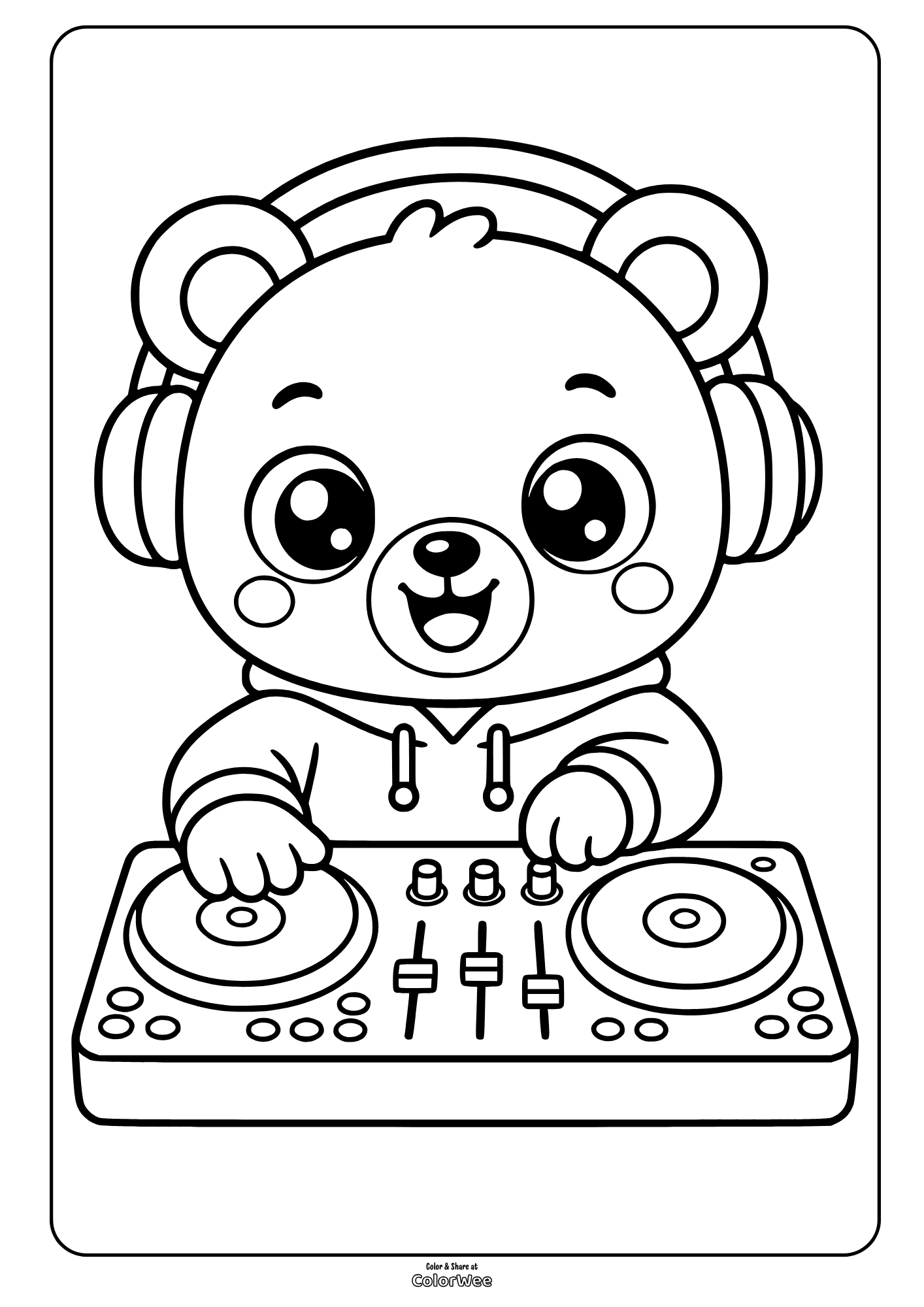 Cute DJ bear with headphones at turntables coloring sheet for kids