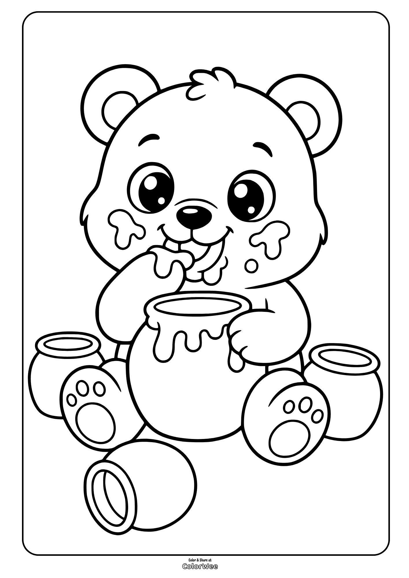 Cute teddy bear with honey pots coloring sheet for kids