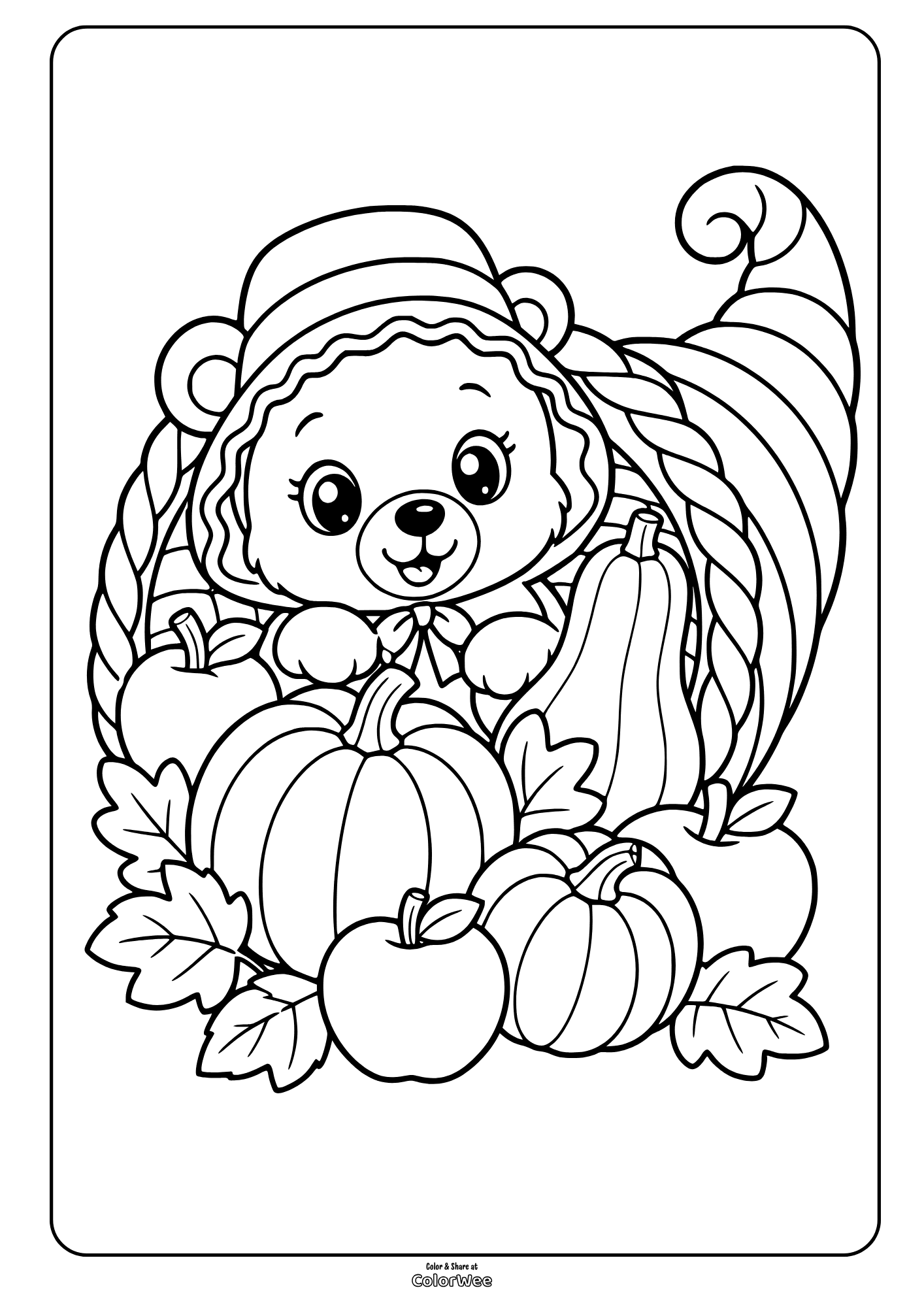 Thanksgiving cornucopia teddy bear coloring sheet with pumpkins and apples