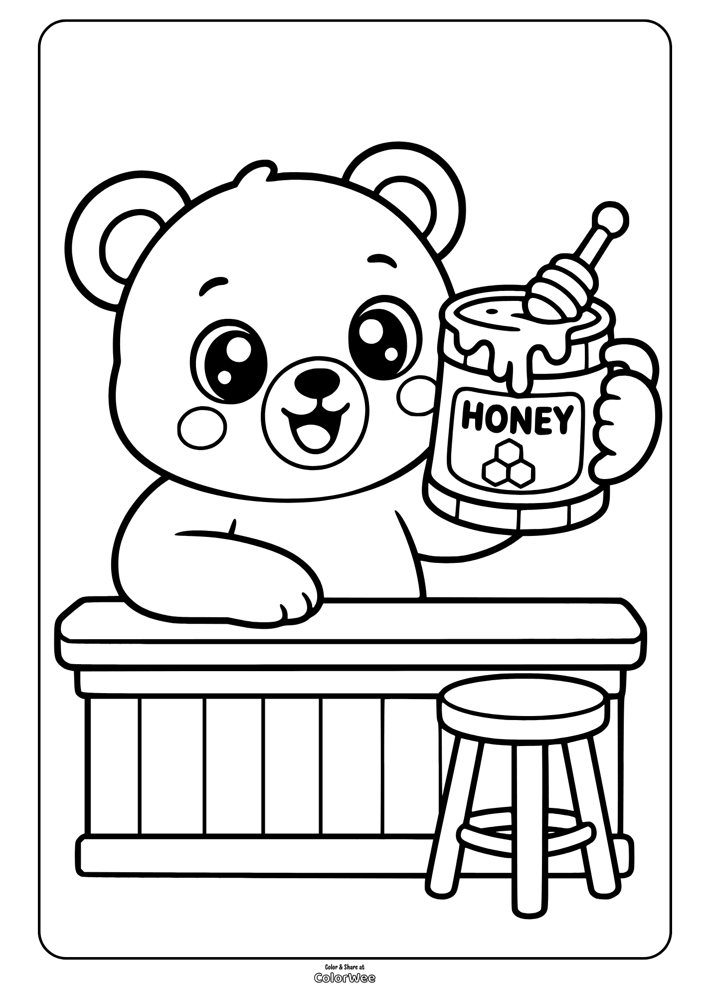Cute bear with honey jar at counter coloring sheet.