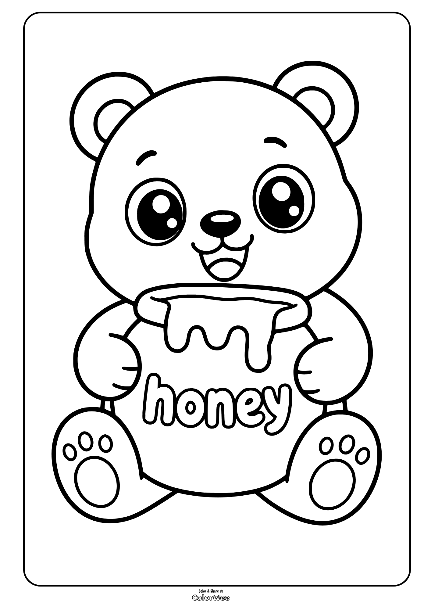 Cute bear holding honey pot coloring sheet for kids, printable