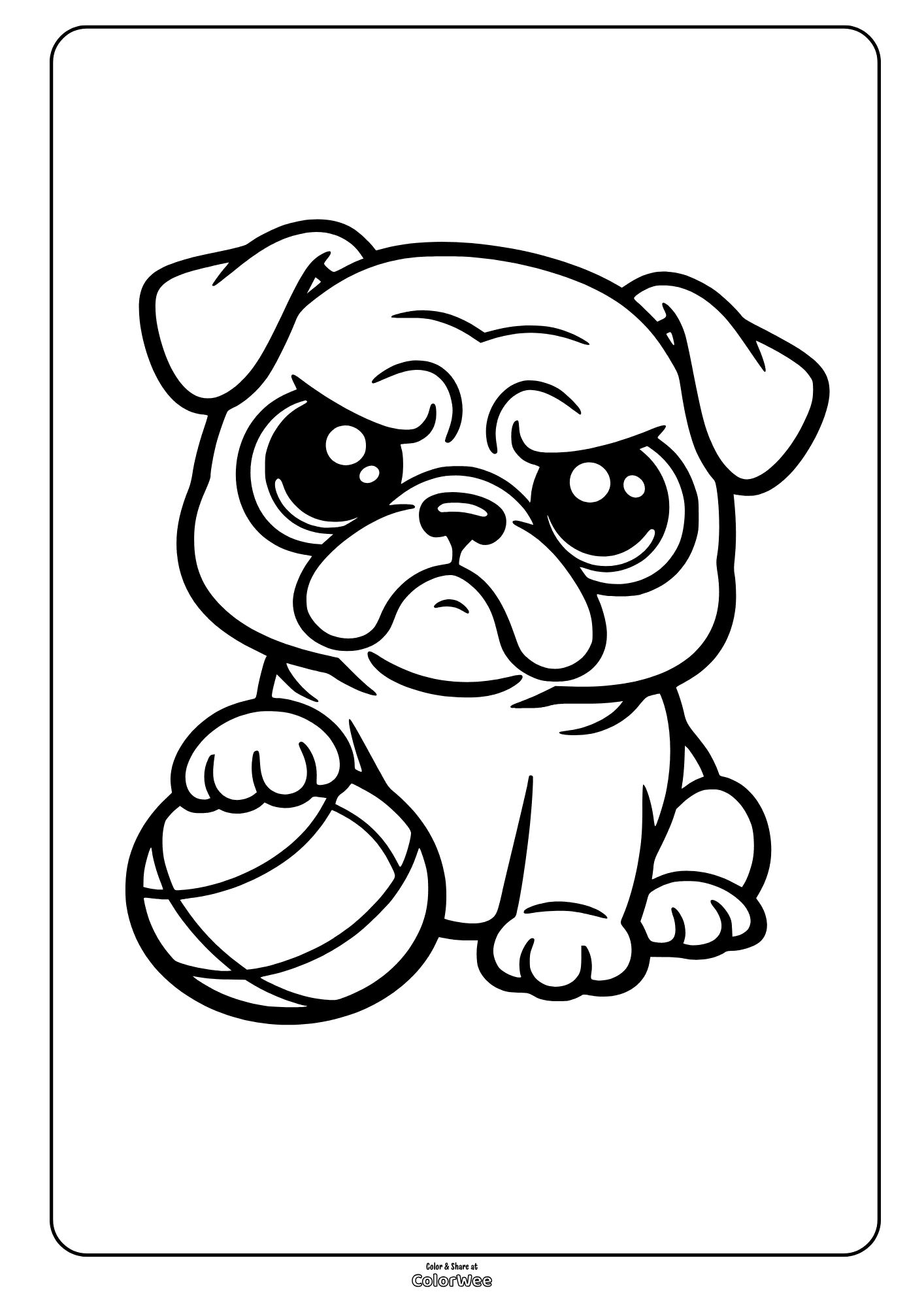Cute bulldog kawaii puppy with ball coloring page to print and color