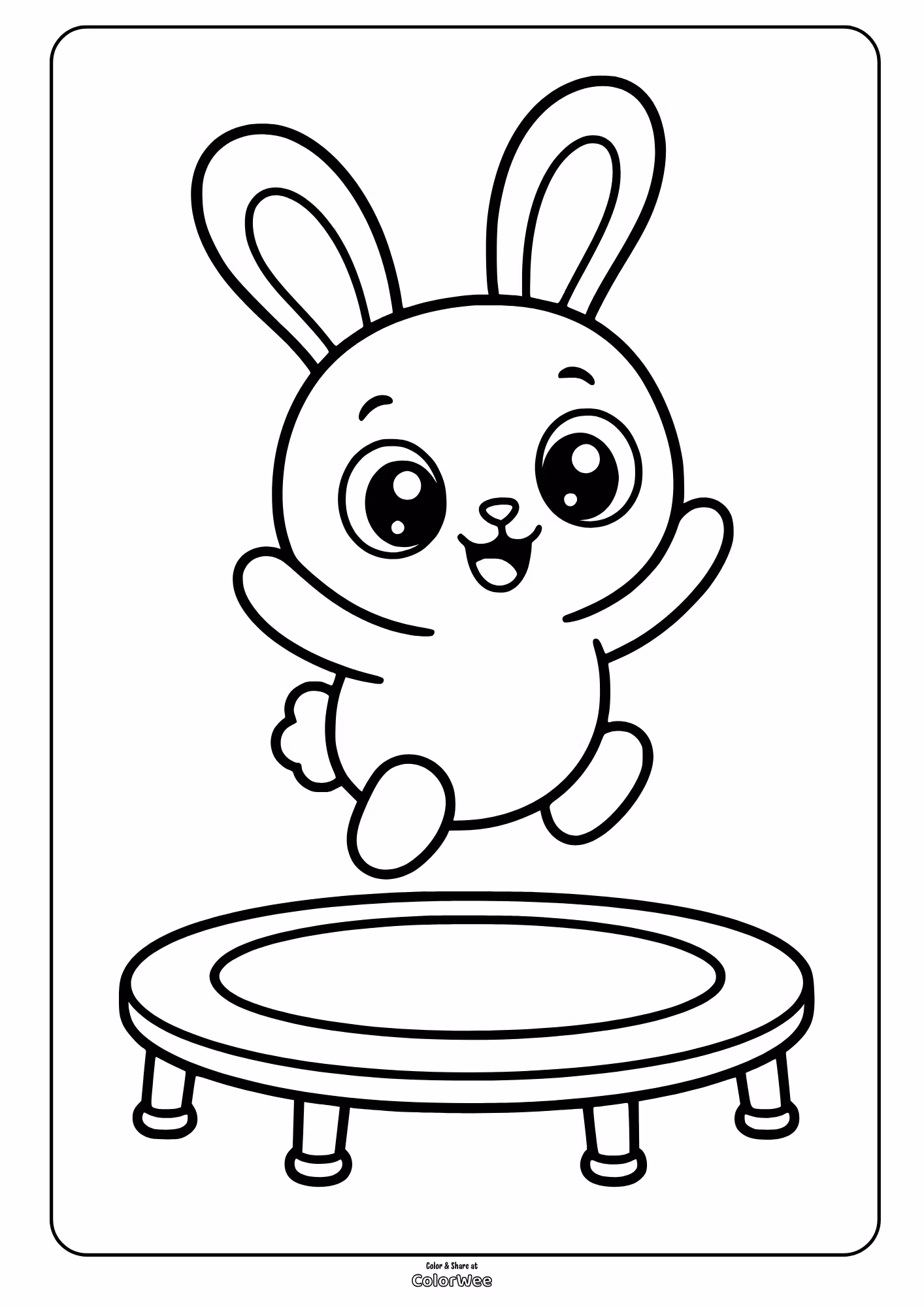 Cheerful bunny jumping on a trampoline with long ears and a joyful smile, picture to color