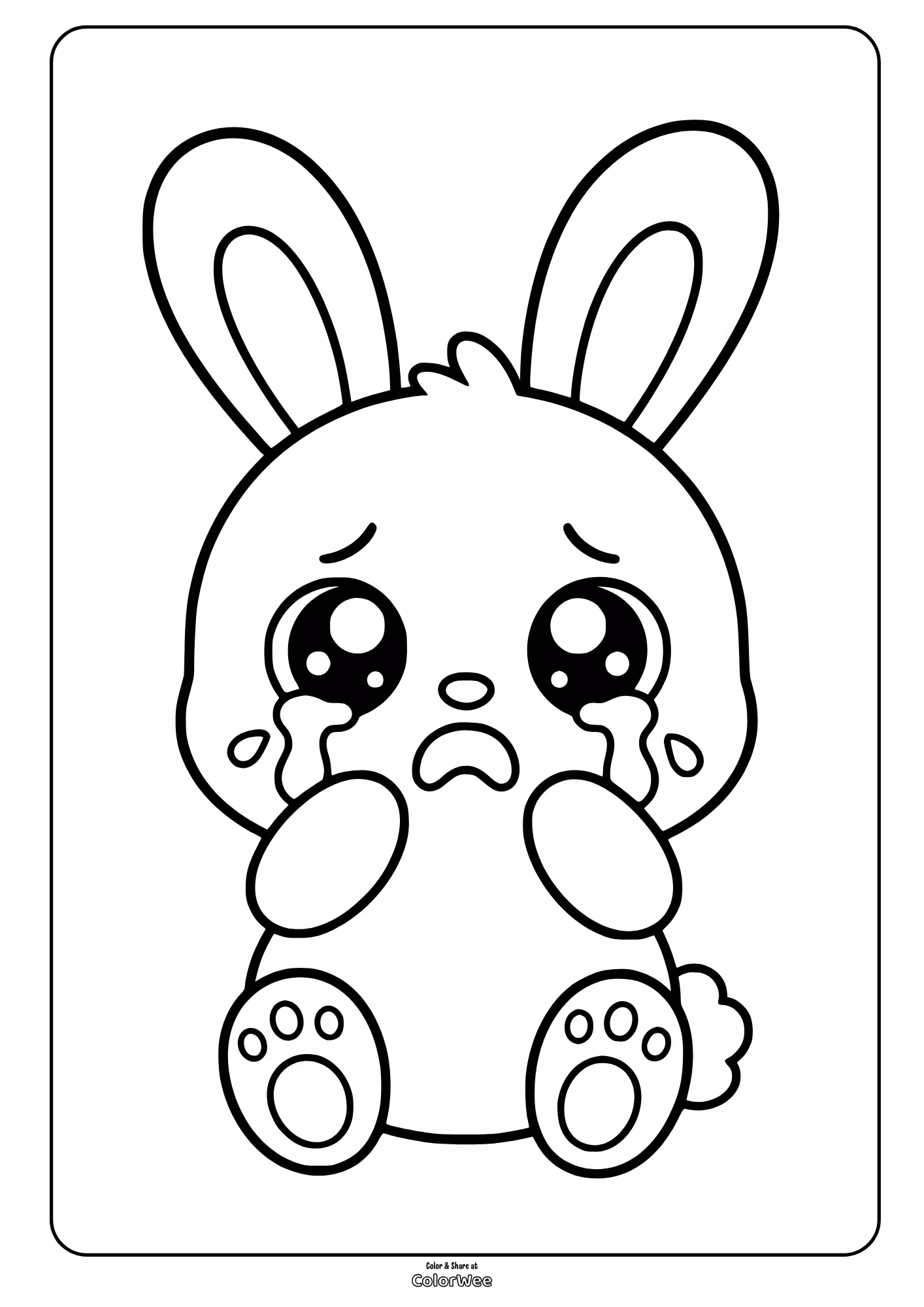 Cute bunny sitting with paws raised, big eyes, long ears, and detailed feet, coloring sheet