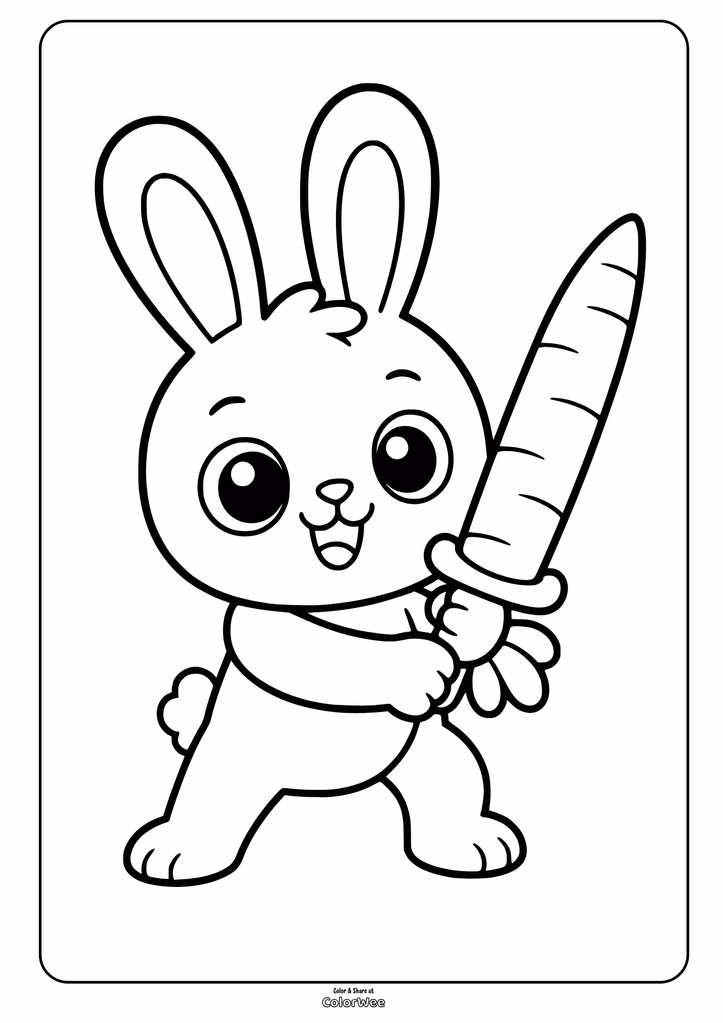 Cute bunny holding a large striped carrot, presented as a coloring sheet