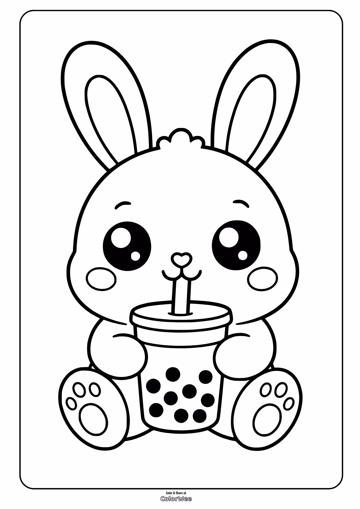 Cute bunny holding a spotted cup with a straw and heart-shaped nose coloring sheet