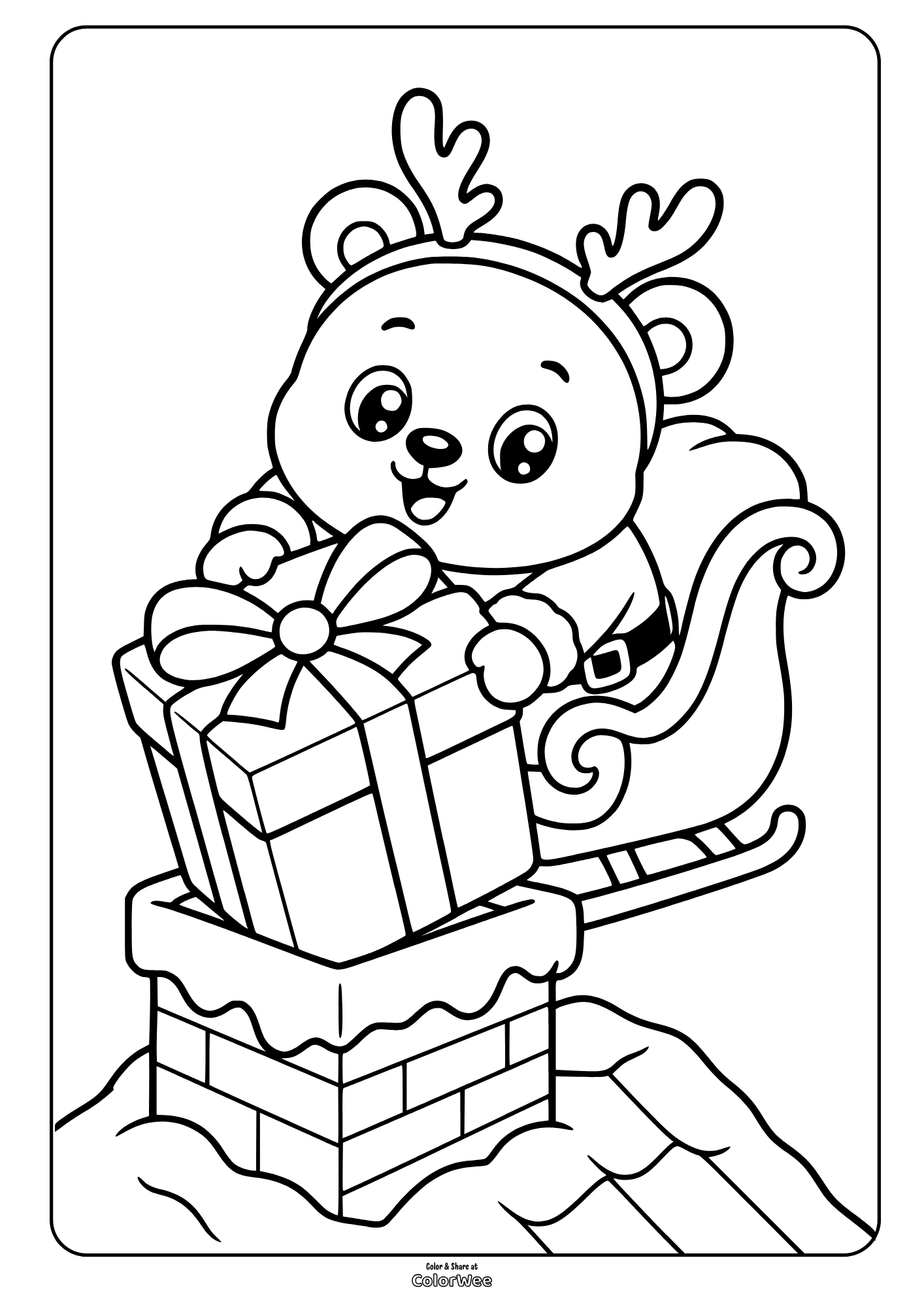 Christmas bear in sleigh delivering gift to chimney coloring sheet