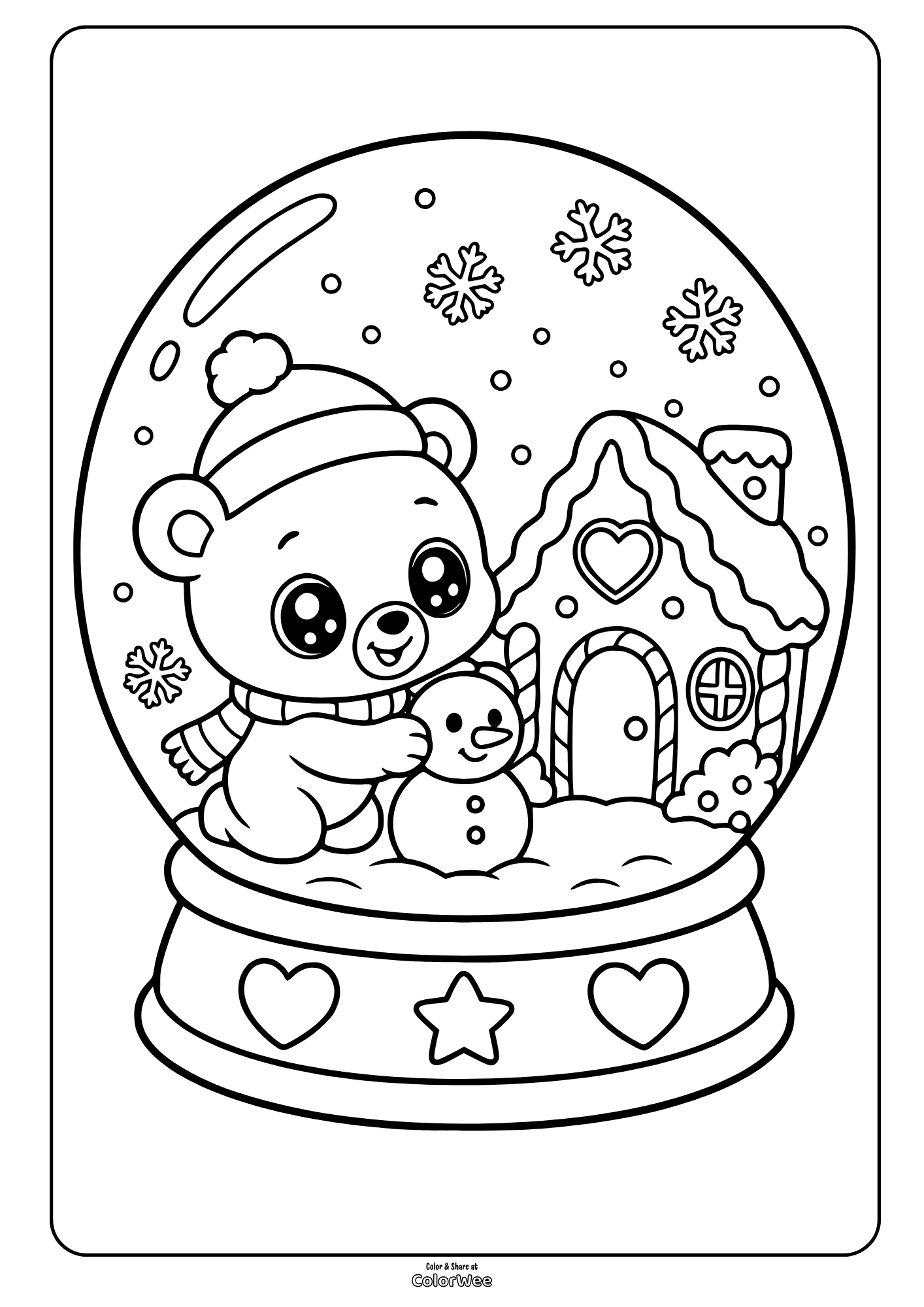 Cute bear snow globe coloring sheet with snowman and gingerbread house