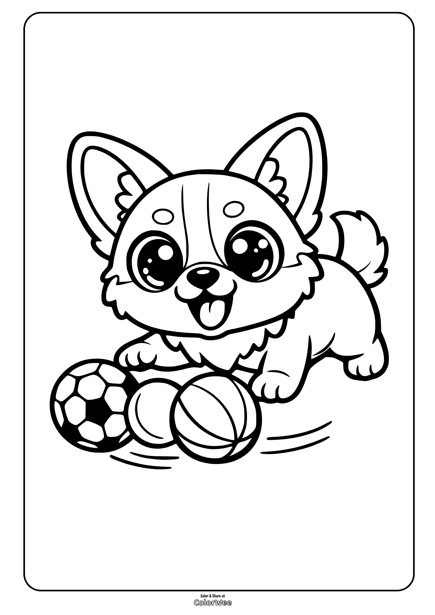Printable kawaii corgi puppy playing with balls coloring page