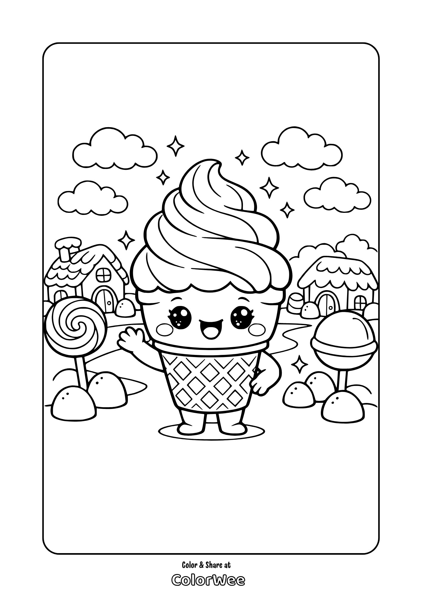 Cute ice cream cone in candy land coloring page for kids printable